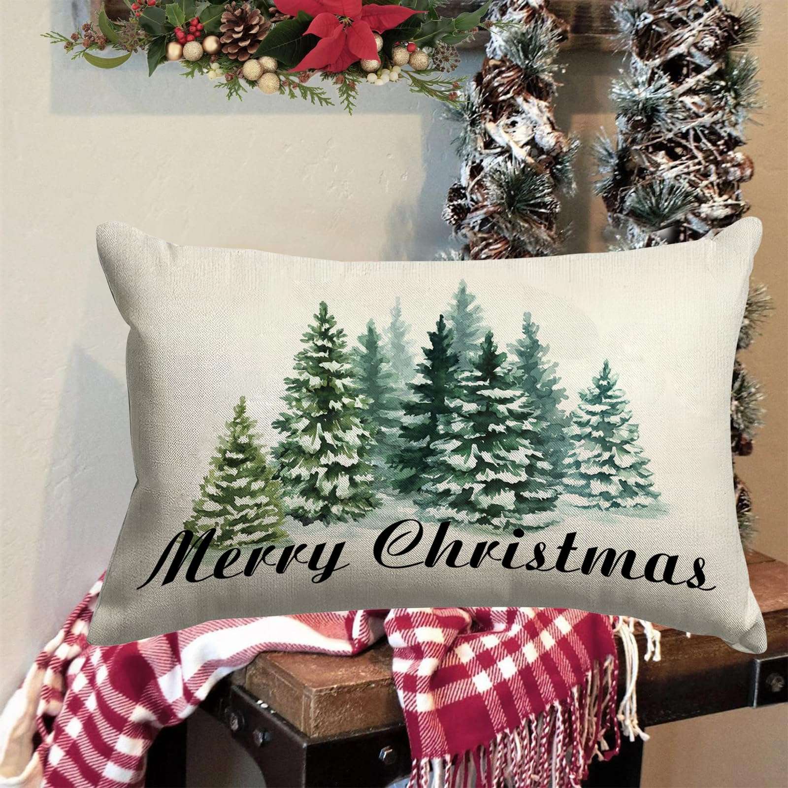 GOOESING Merry Christmas Pillow Covers 16x24 Inch Watercolor Green Christmas Tree Nature Forest Linen Decorative Throw Pillow Cover Cushion Case for Indoor Outdoor Home Sofa Bedroom Living Room - Image 2
