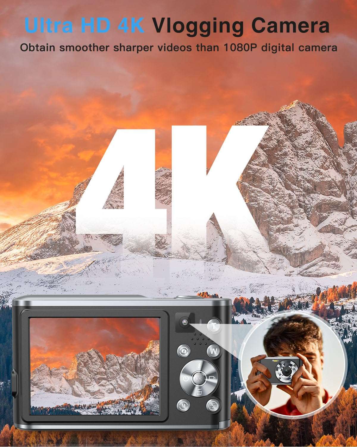 4K Digital Camera, 48MP Autofocus Camera Selfie with Front and Rear Dual Lenses, 32GB Card, 2 Batteries, 16X Digital Zoom, Compact Travel Vlogging Video Camera Gift for Kid Teen Beginner(Black) - Image 3