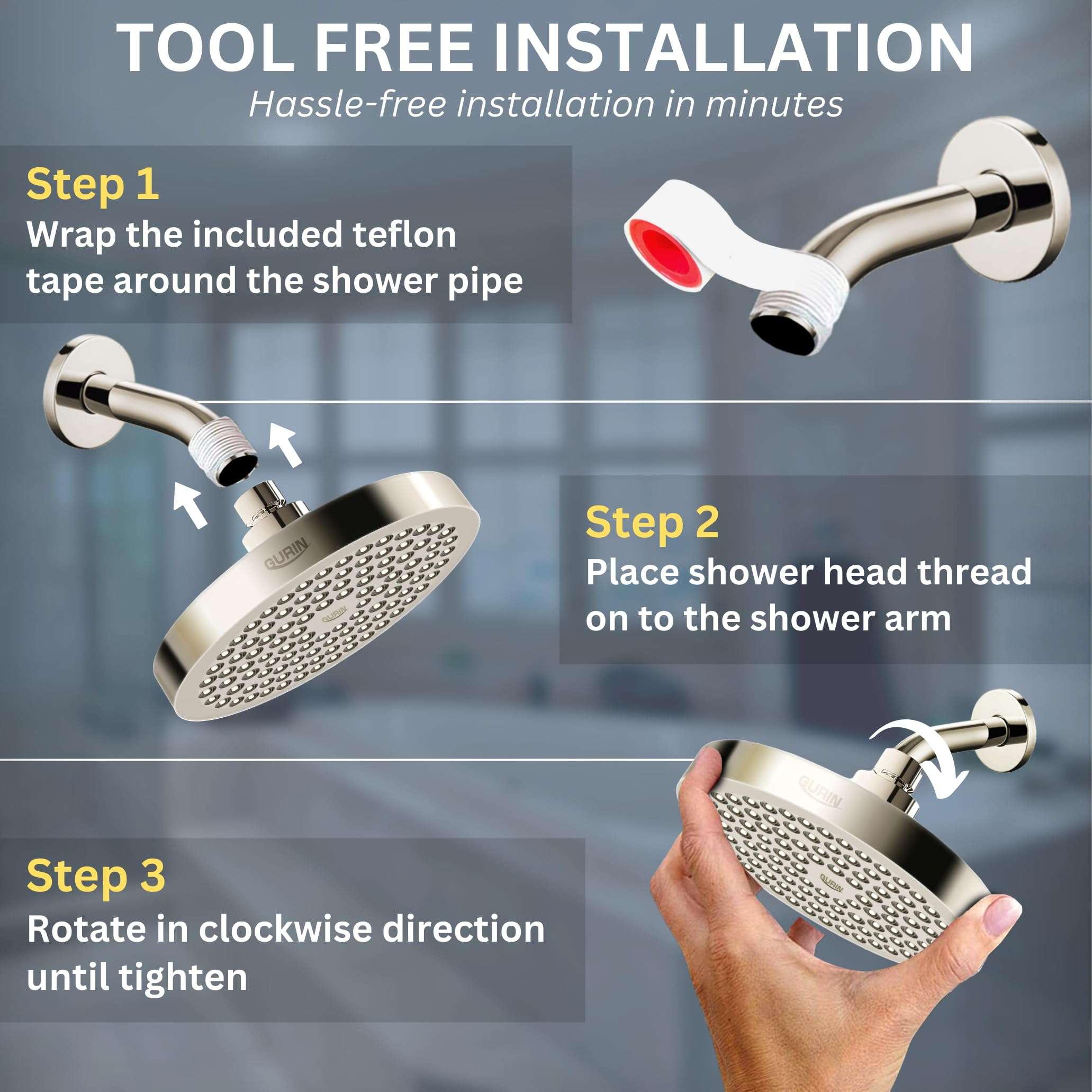 GURIN Shower Head High Pressure Rain, Luxury Bathroom Showerhead with Brushed Nickel Plated Finish, Adjustable Angles, Anti-Clogging Silicone Nozzles - Image 5