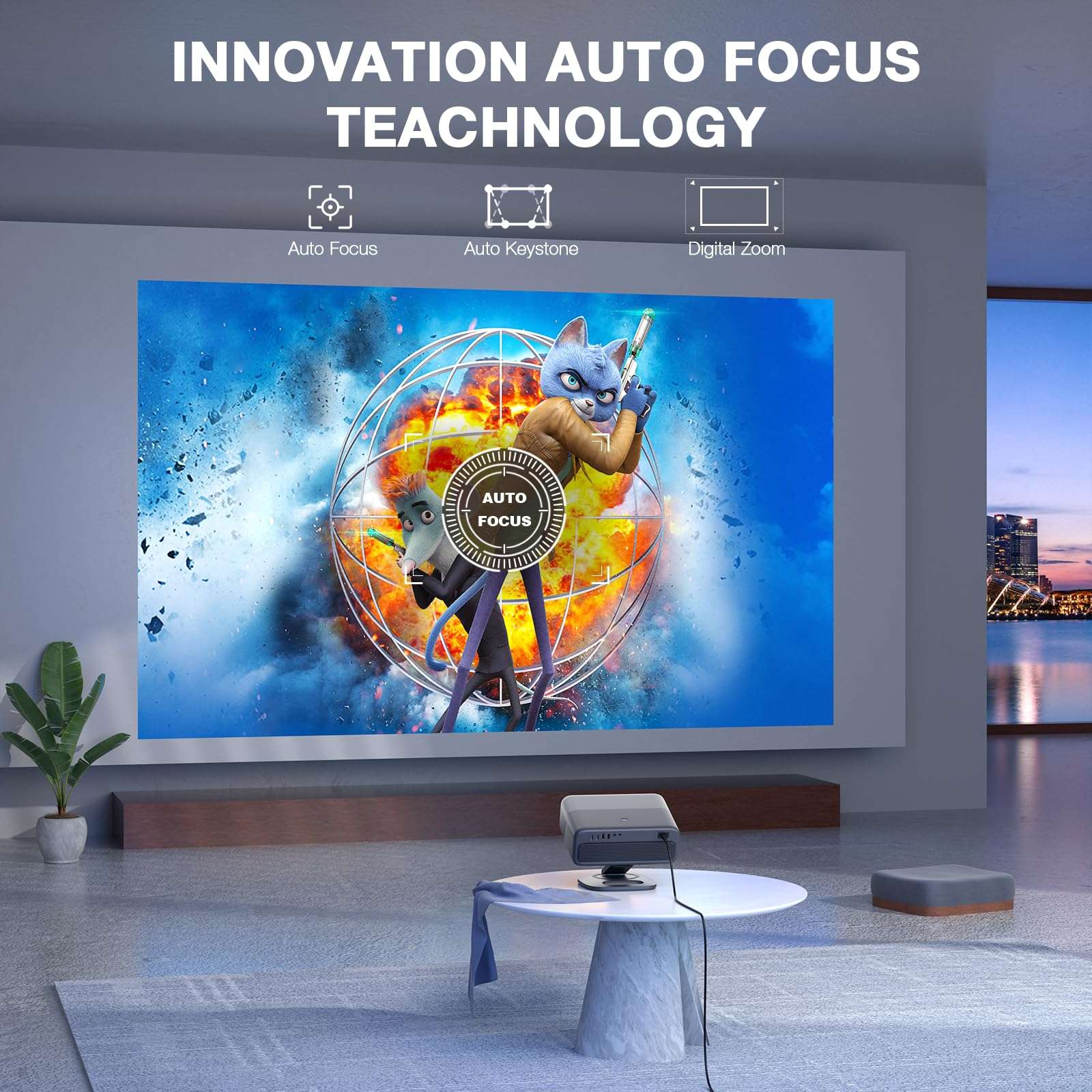 [Netflix Officially&AI Auto Focus]AuKing Smart Projector with Wifi and Bluetooth,Auto Focus&Keystone Projector4K,3D DoIby Audio, 1200ANSI Outdoor Projector with Omnidirectional Rotating Stand(Grey) - Image 3