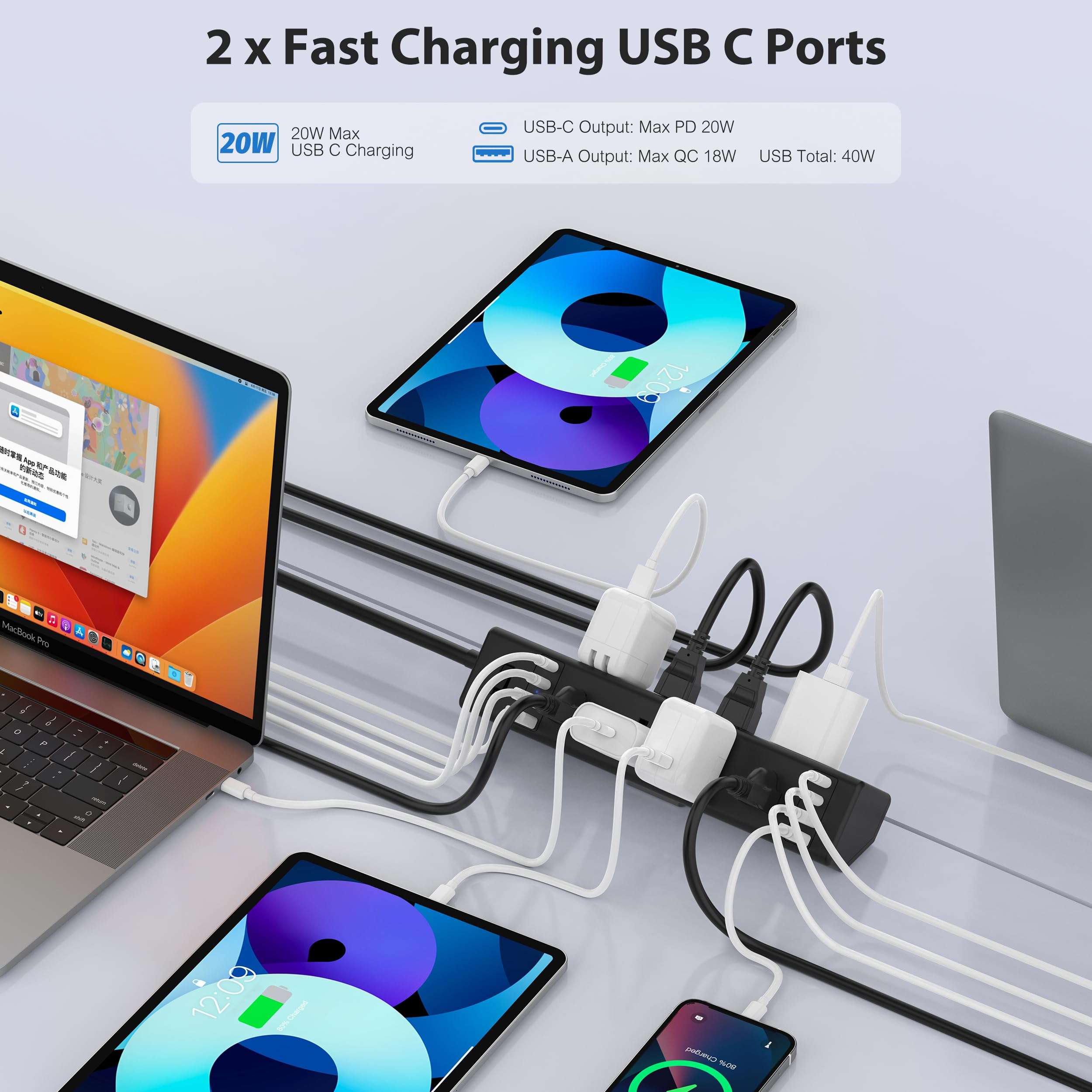40W Fast Charging Station,Desk Clamp Power Strip 20W USB C,8 Outlets,8 USB Ports,4 USB C and 4 USB A, Office Furniture Surge Protector, 14AWG Cord, Fits 1.9" Tabletop Edge (Black, 10FT Length) - Image 4
