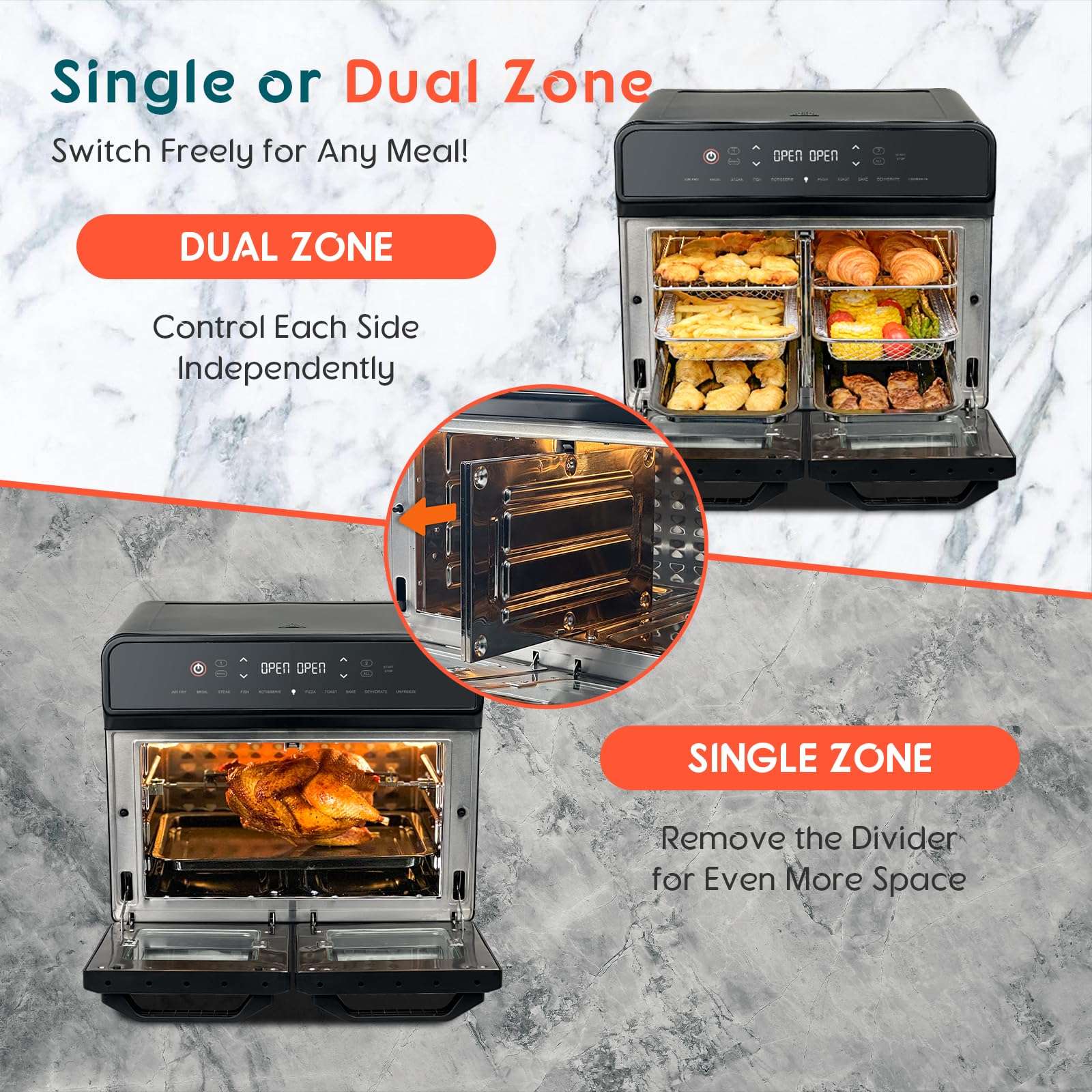 24Qt Dual Zone Air Fryer Oven with Rotisserie, Extra Large Double Air Fryers Mini Oven Digital 1800W 10 in 1 Airfryer Countertop Convection Toaster Oven Combo, Stainless Steel Inner, 360° Even Heating - Image 3