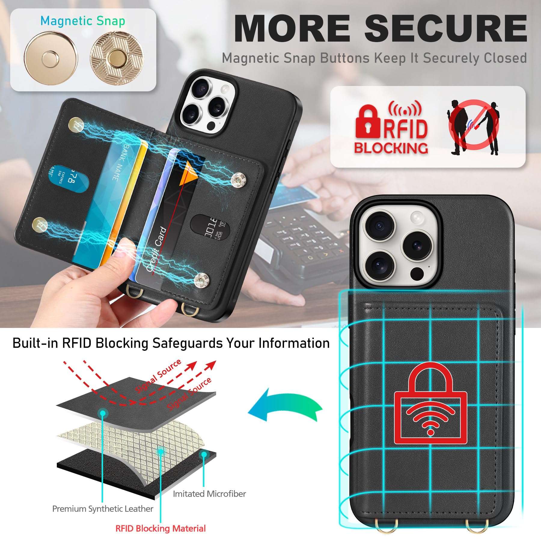 TUCCH Crossbody Wallet Case for iPhone 16 Pro Max (6.9"), RFID Blocking [6 Card Slots][Detachable Adjustable Lanyard], Magnetic Wallet PU Leather Shockproof Phone Cover for iPhone 16 Pro Max, Black - Image 5