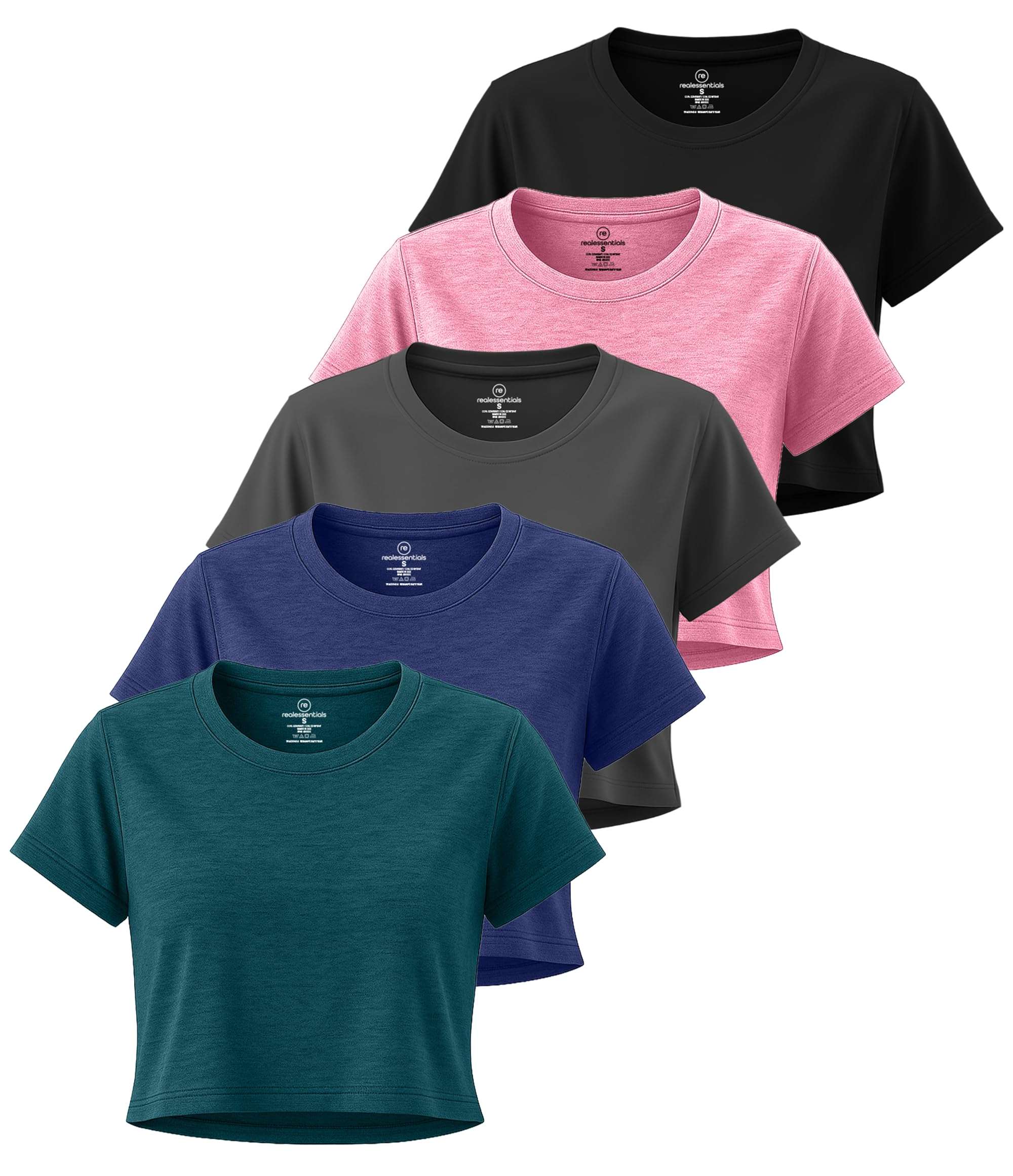 Real Essentials 5 Pack: Women's Dry Fit Crop Top - Short Sleeve Crew Neck Stretch Athletic Tee (Available in Plus Size) - Image 1
