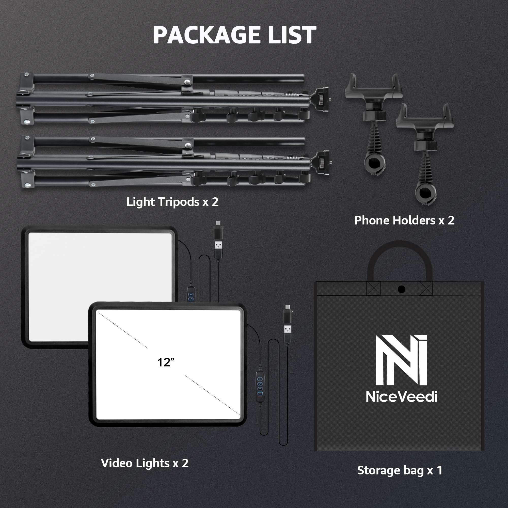 2-Pack LED Video Light Kit, NiceVeedi Studio Light, 2800-6500K Dimmable Photography Lighting Kit with Tripod Stand&Phone Holder, 73" Stream Light for Video Recording, Game Streaming, YouTube - Image 8