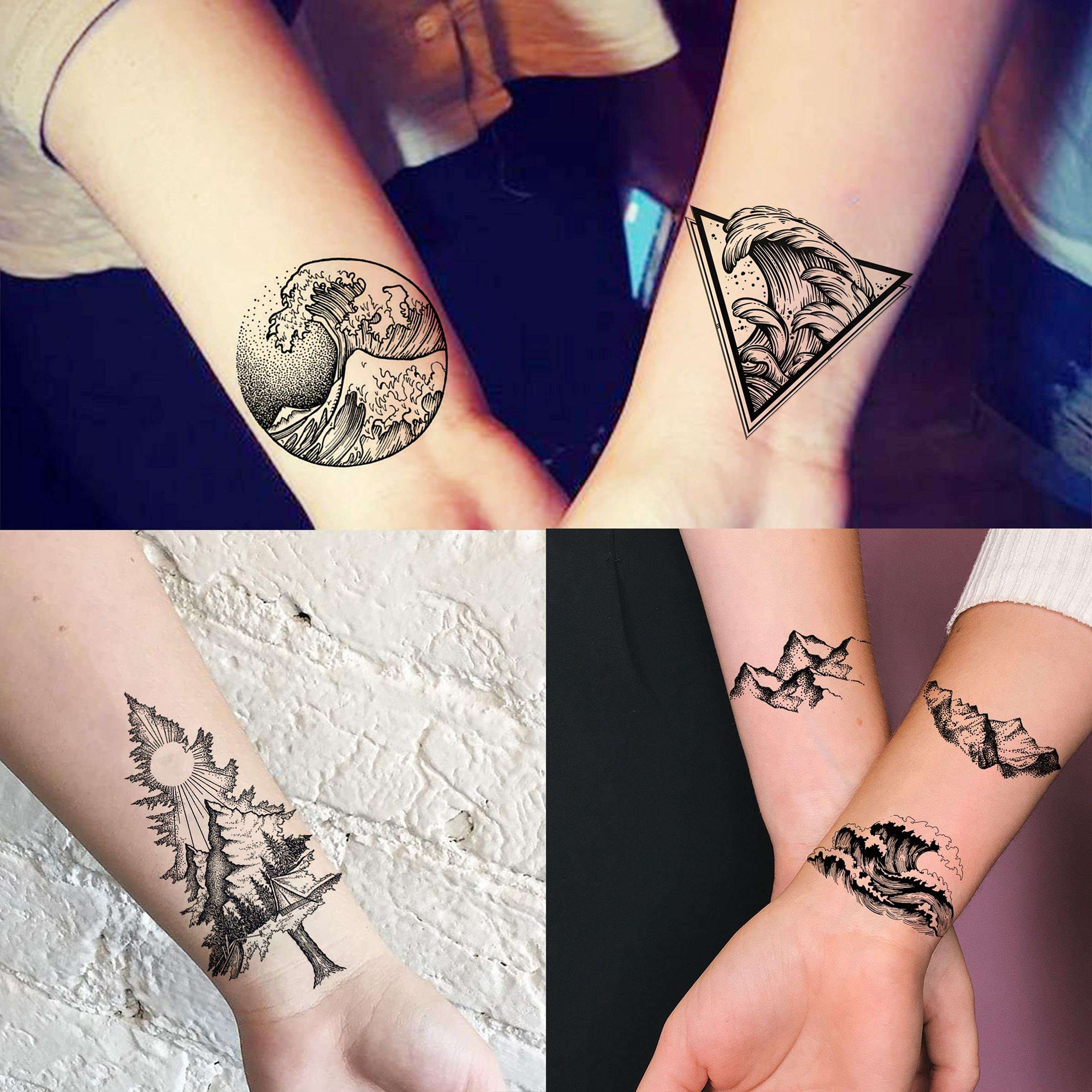 GOROMON 52 Sheets Small Black Mountain Temporary Tattoos For Men Women Adult, Geometric Sea Weave Forest Pine Tree Realistic Tattoo Sticker For Kids Children, Moon Sun Star Triangle Tatoos Outer Space - Image 4