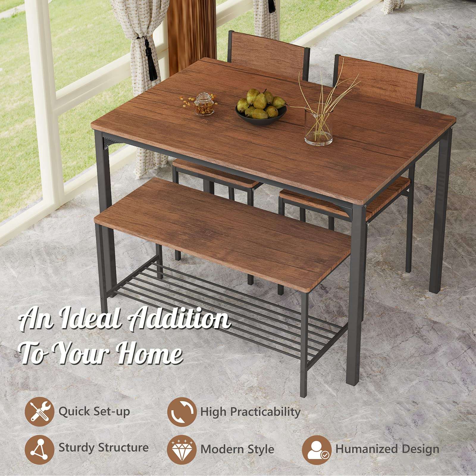 Giantex Dining Table Set for 4, 43" Kitchen Table and Chairs, Dining Bench with Metal Frame & Storage Rack, 4-Piece Modern Functional Desk Set for Dinette, Small Space, Apartment, Restaurant, Brown - Image 4