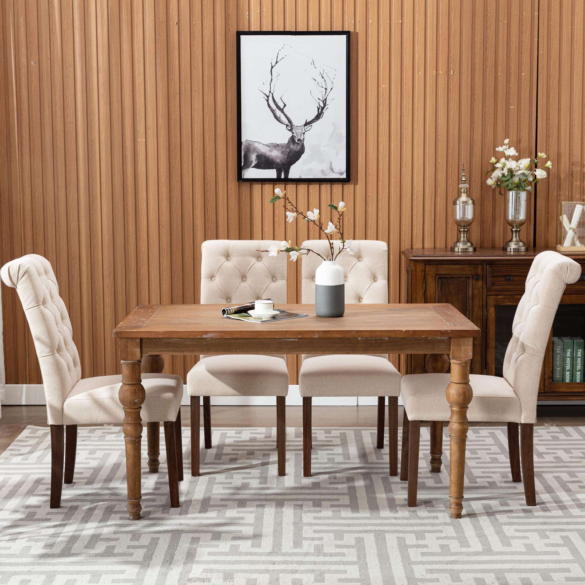 COLAMY Button Tufted Dining Chairs Set of 6, Accent Parsons Diner Chair Upholstered Fabric Dining Room Chairs Stylish Kitchen Chairs with Solid Wood Legs and Padded Seat - Dark Beige - Image 4
