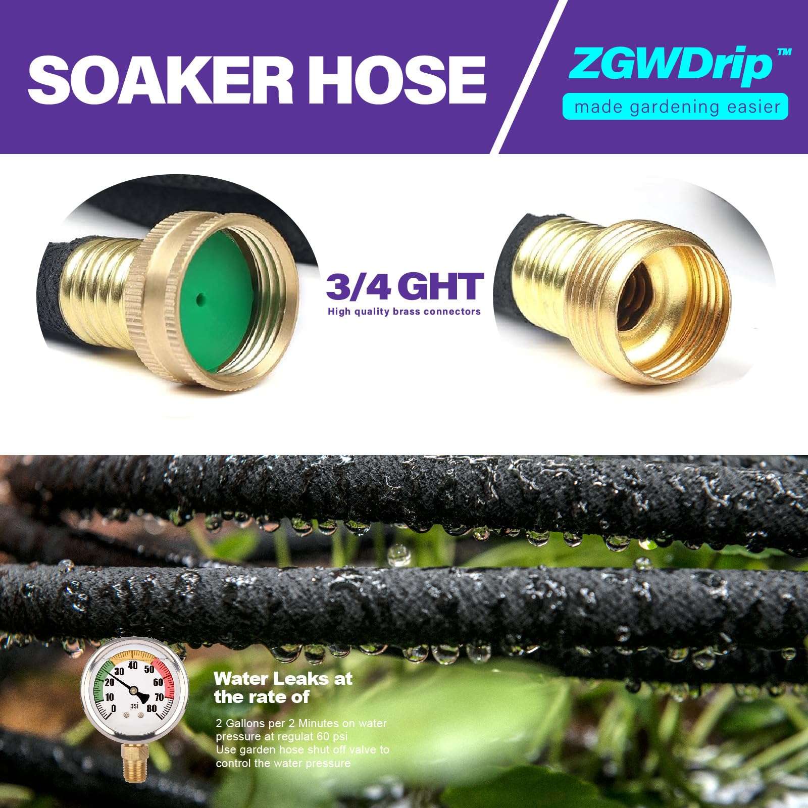 ZGWDrip Soaker Hose 100 FT,1/2 Inch Soaker Garden Hose with 3/4" Solid Brass Connectors - Image 3