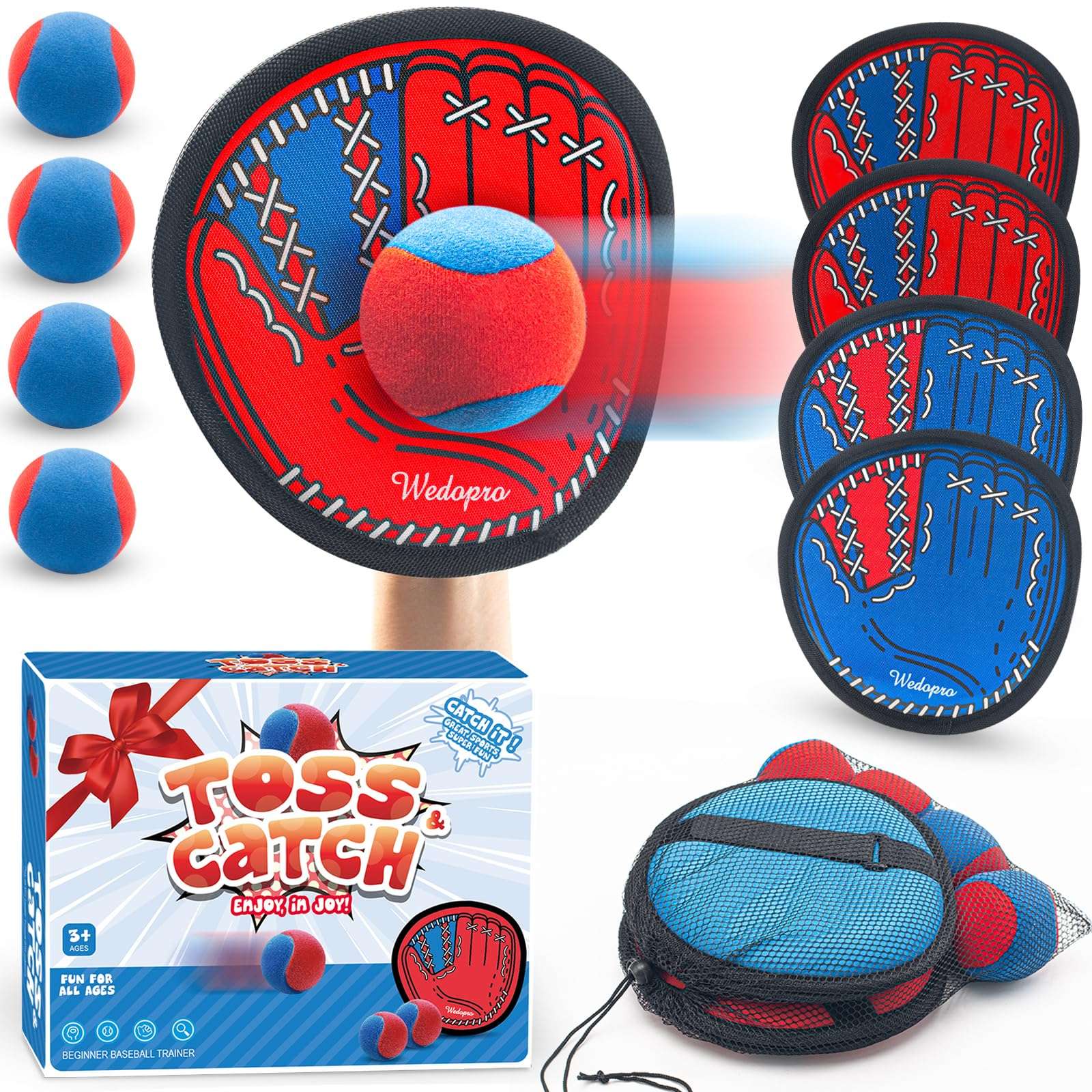Toss and Catch Ball Game, Kids Toddler Baseball Glove & Catch Ball Toys, Kids Outdoor Games for Family, Toys for Beach Pool Yard Outside, Birthday Gift for Ages 3 4 5 6 7 8-12 (Red/Blue-4 Pack) - Image 1