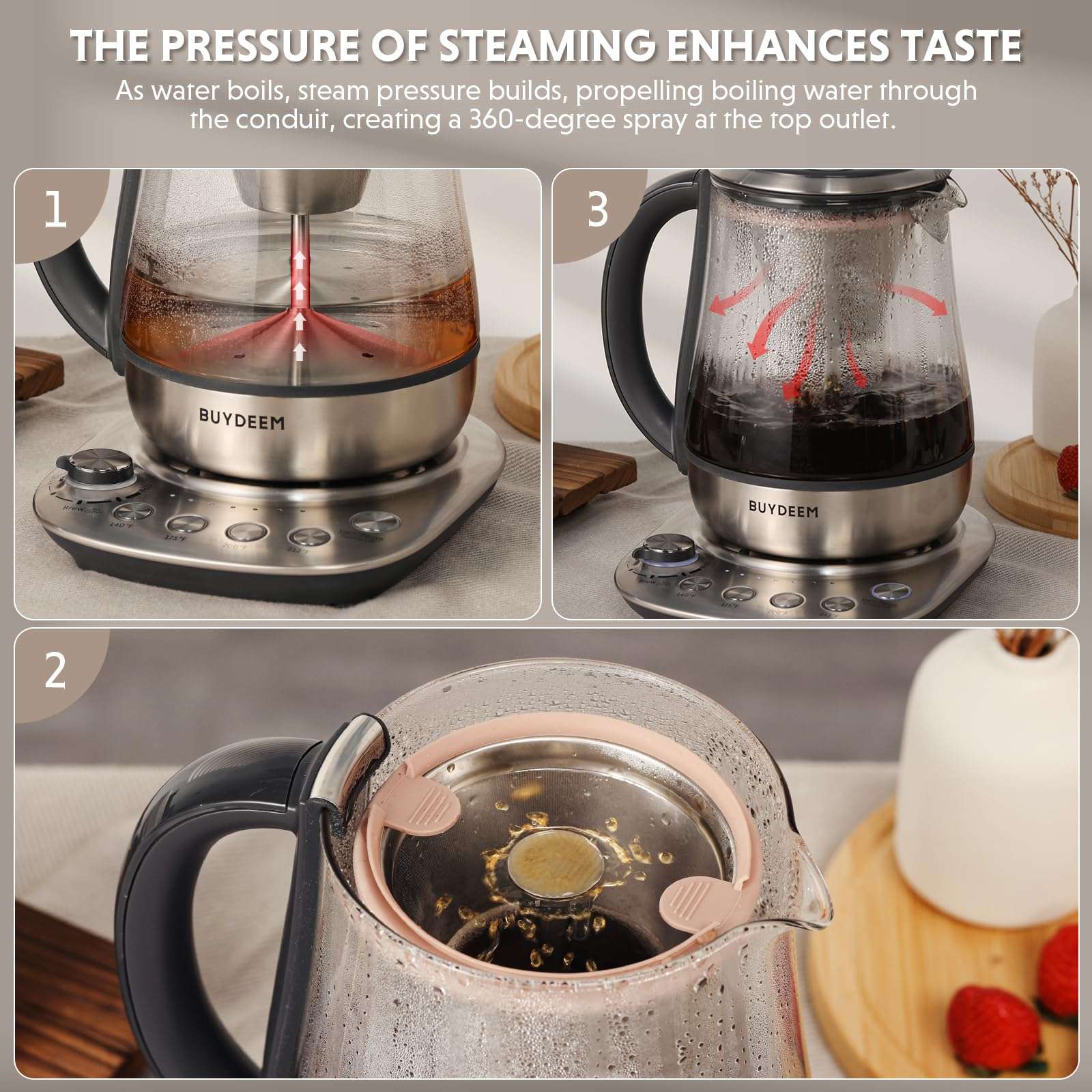 BUYDEEM K176 Tea Maker, Multifunctional Stainless Steel Electric Kettle for Tea and Coffee Brewing, Auto Keep Warm, 5 Flavor Controls, 1.5L - Image 3
