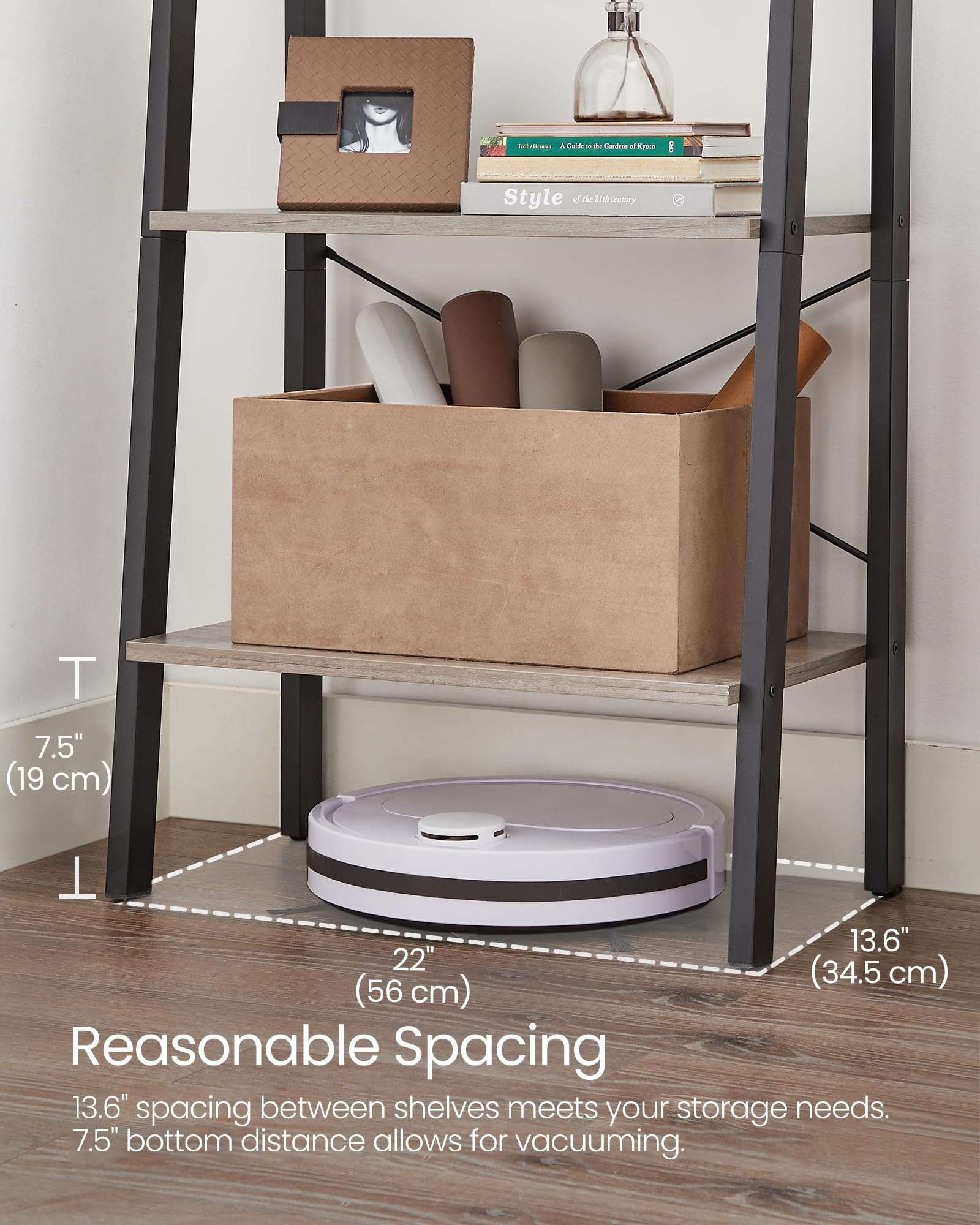 VASAGLE Ladder Shelf, 4-Tier Bookshelf, Storage Rack, Bookcase with Steel Frame, for Living Room, Home Office, Kitchen, Bedroom, Industrial Style, Heather Greige and Ink Black ULLS44MB - Image 8