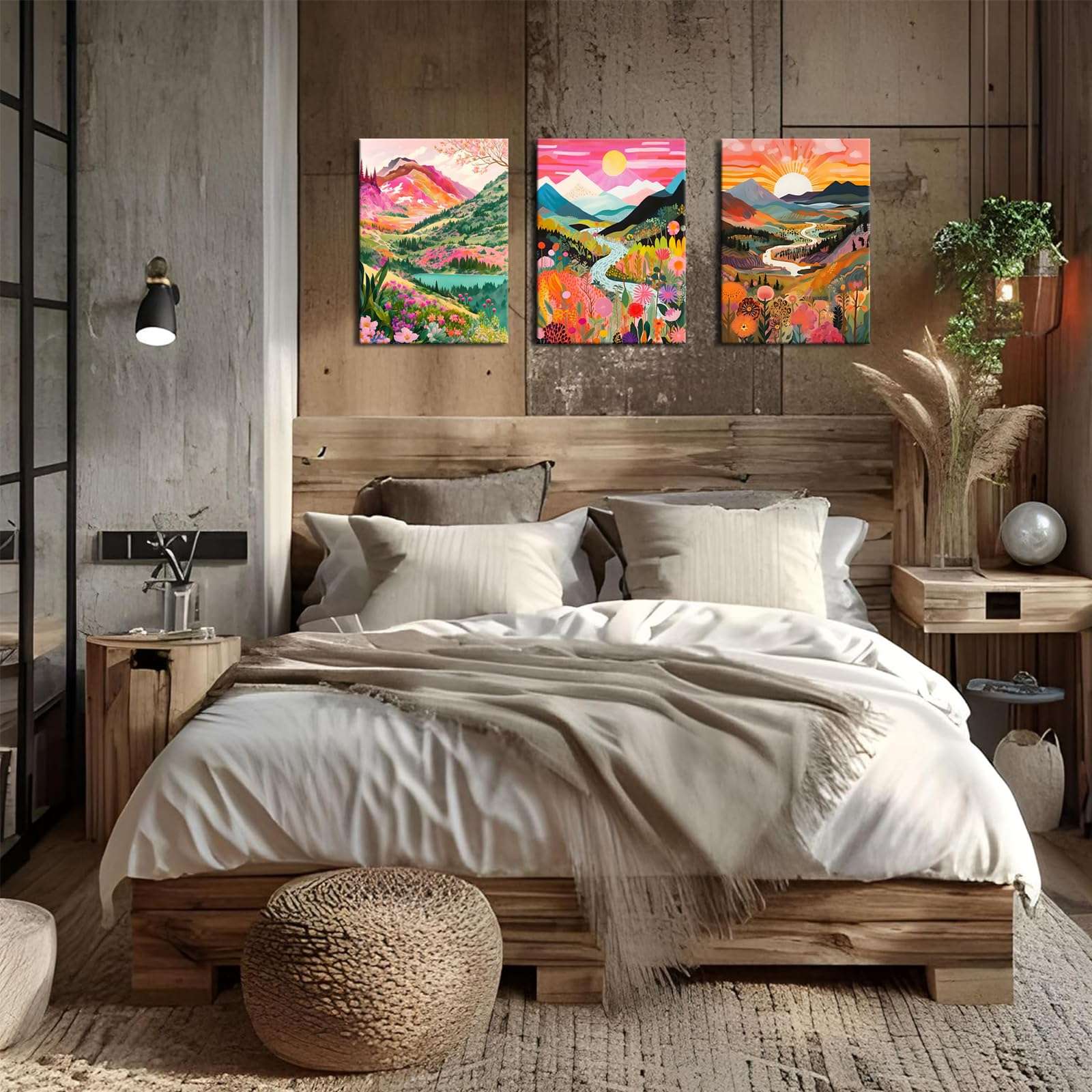 3Pcs Colorful Watercolor Mountain Canvas Wall Art Boho Floral Painting Picture Wall Decor Abstract Nature Landscape Poster Print Artwork for Living Room Bedroom Bathroom Office Home Decoration - Image 2