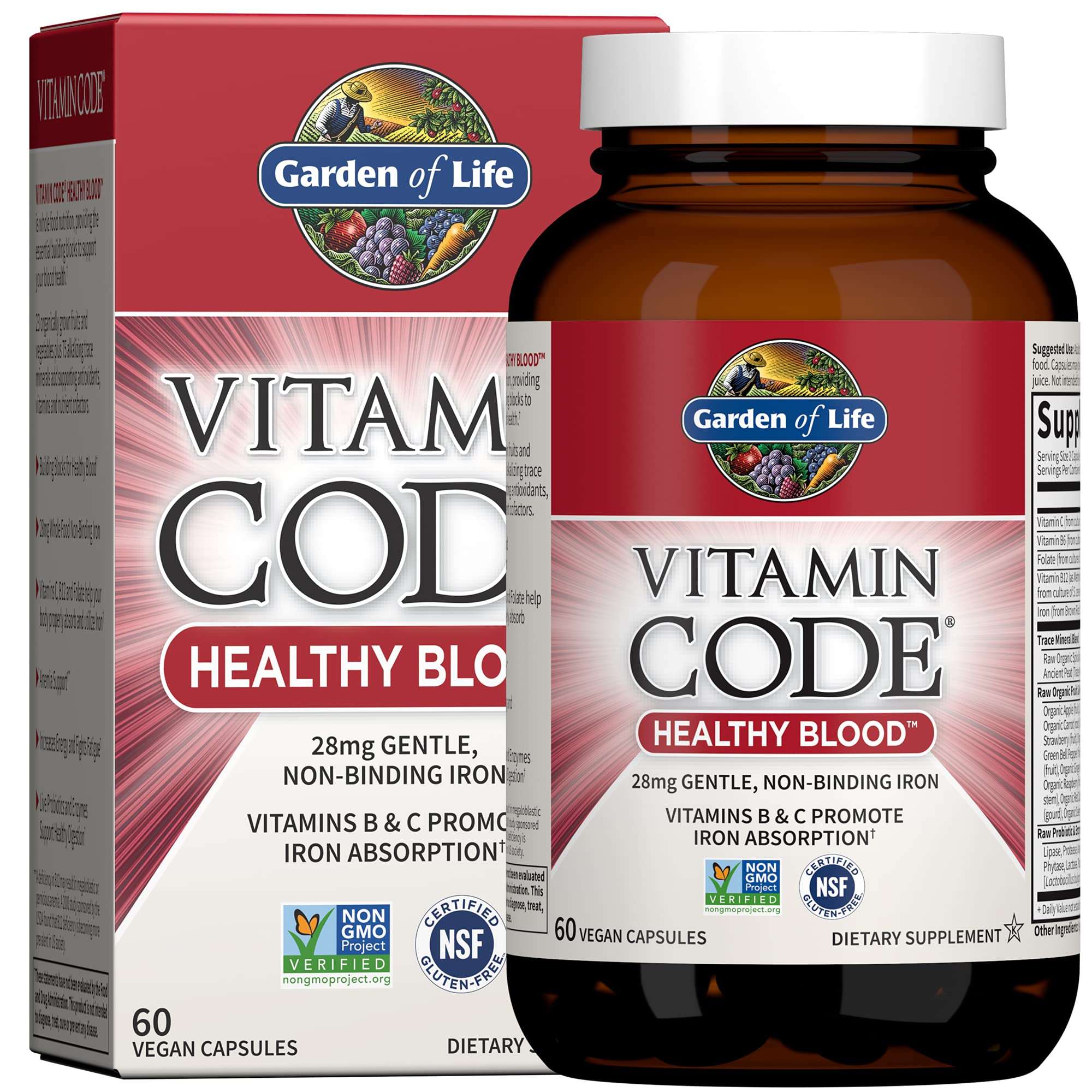 Garden of Life Vitamin Code Healthy Blood - Iron Supplement for Women, 60 Vegan Capsules, with Vitamins B, C, Trace Minerals, Fruit Veggies, Probiotics - for Energy and Anemia Support - Image 1