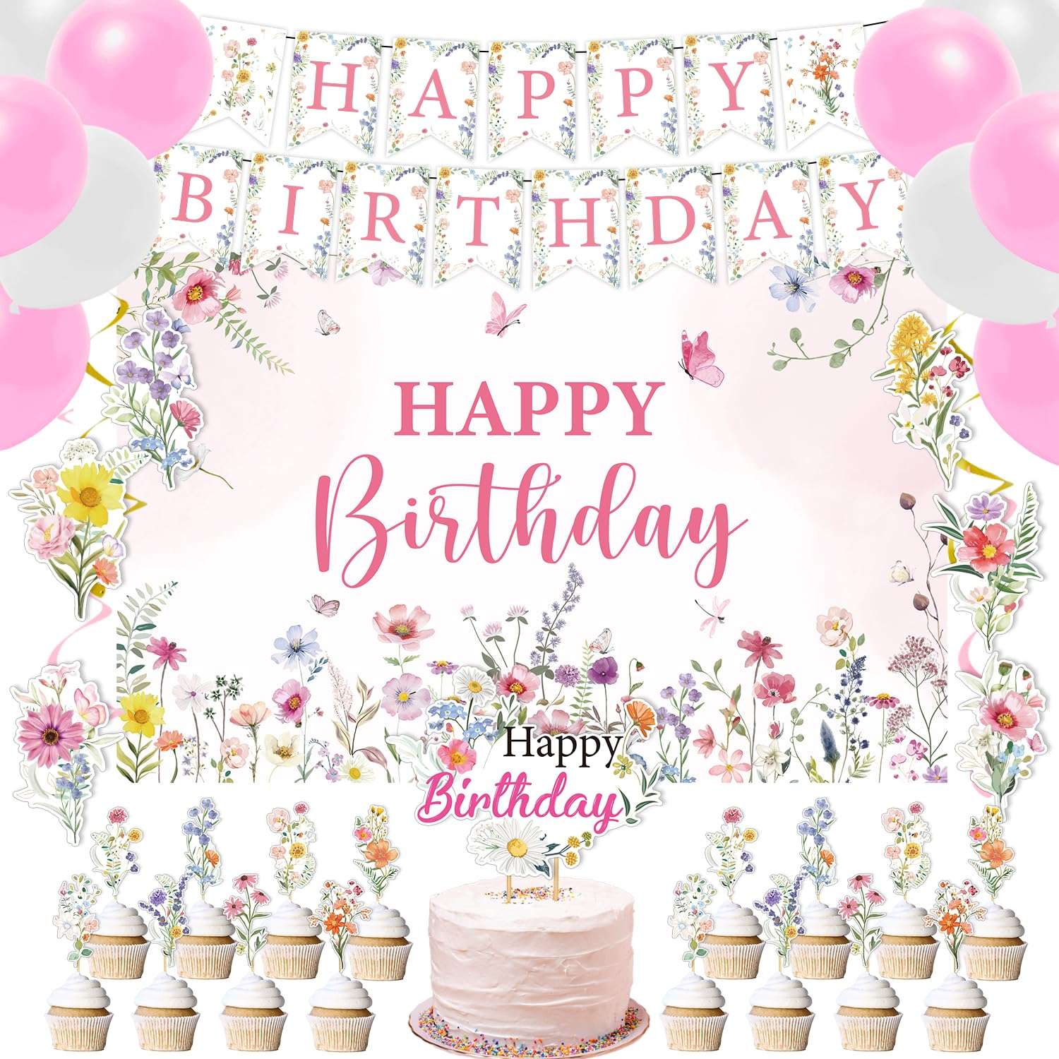 Rngmsi Flower Birthday Decorations Set - 42PCS Wildflower Floral Birthday Decor Party Supplies for Girls Women Happy Birthday Banners Balloons Backdrop Hanging Swirls Cake Topper Cupcake Toppers - Image 1