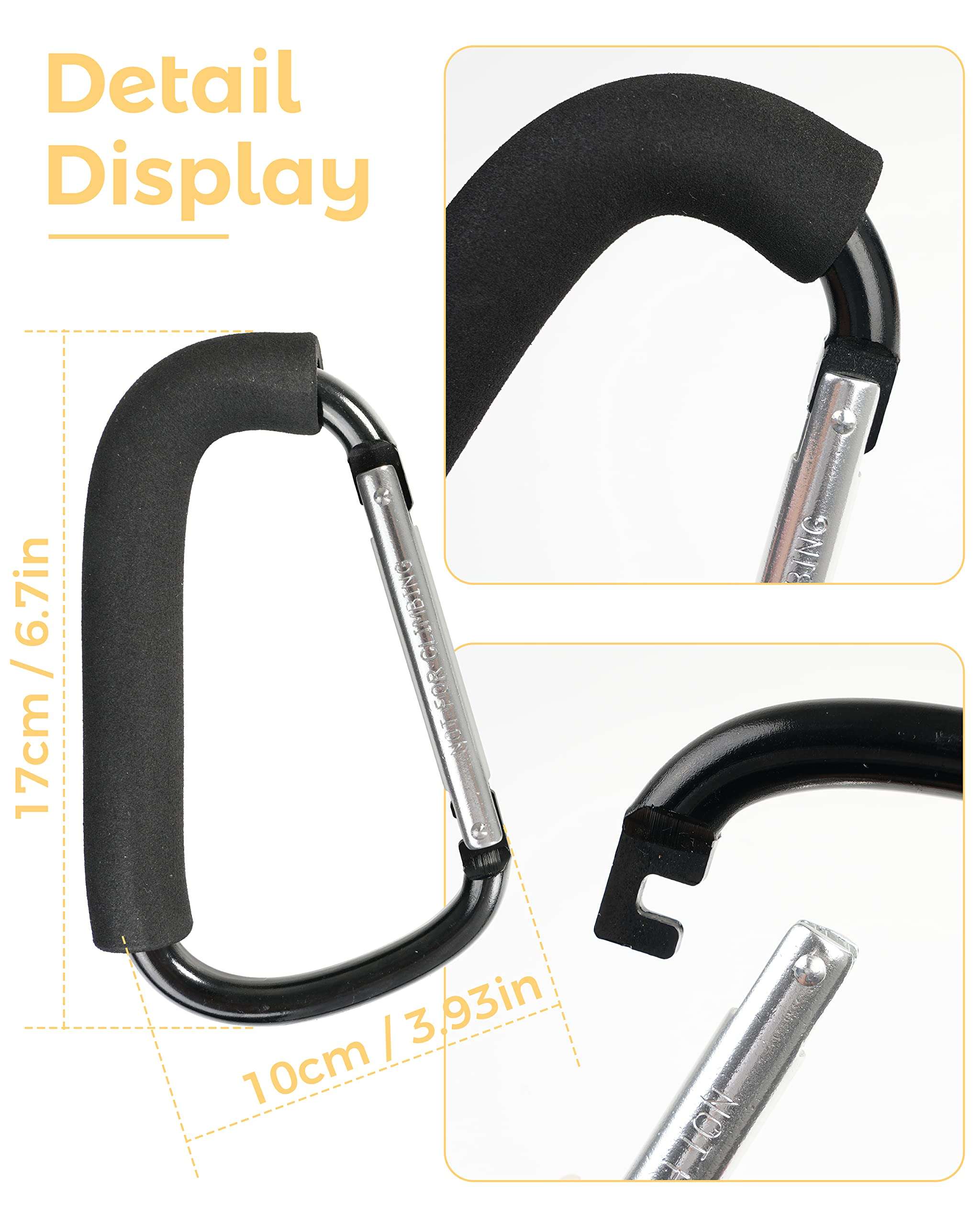 Stroller Hooks, 6.3" Large Stroller Clip, 2 Pack Stroller Hooks for Hanging Bags and Shopping, Stroller Accessories for Mommy, Large Carabiner - Image 4