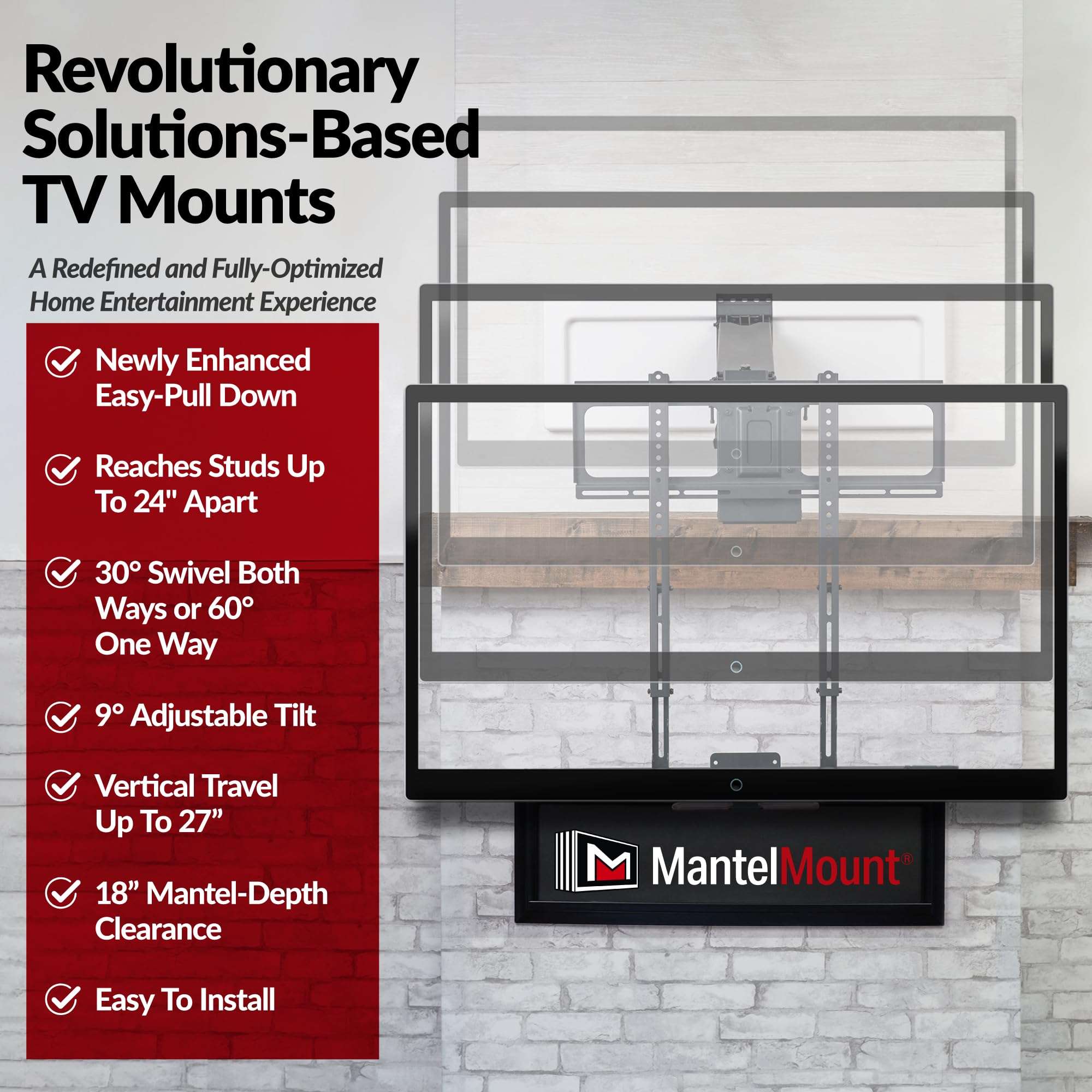 MantelMount MM540 - Above Fireplace Pull Down TV Mount for 40" to 80" Screen TVs to 90 lbs, with Patented auto-straightening, Adjustable Stops, Heat Sensor Handles & Paintable Covers - Image 4