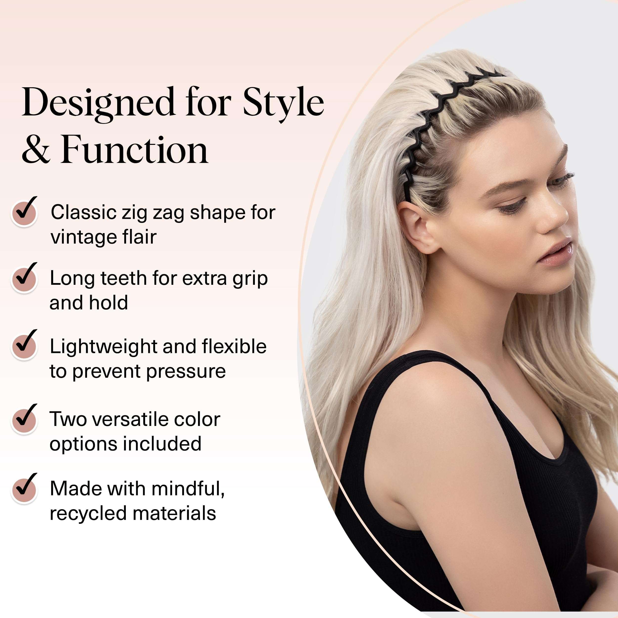 Kitsch Zig Zag Headbands for Women Non Slip – Fashion Accessories for Slicked Back Styles - Comfortable Comb Headband with Teeth - Recycled Plastic Tortoise & Black Headband - 2 pcs - Image 4