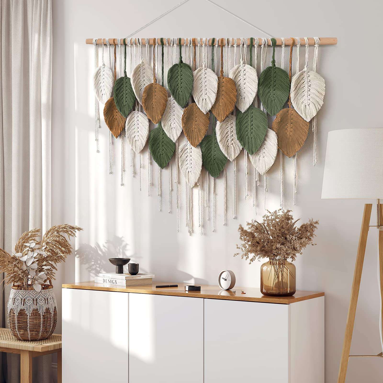 KHOYIME Large Macrame Wall Hanging Boho Woven Tapestry, Chic Home Decor Modern Bohemian Handmade Leaf Feather Wall Art Decorations for Apartment Dorm Living Room Bedroom Nursery Backdrop 39"W X 29.5"L - Image 3