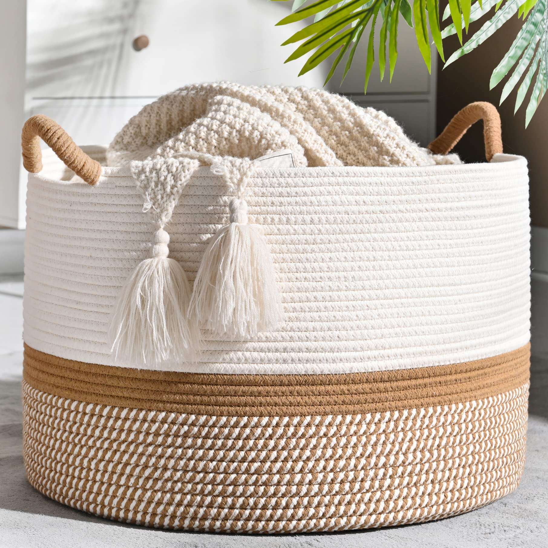 KAKAMAY Large Blanket Basket (20"x13"),Woven Baskets for storage Baby Laundry Hamper, Cotton Rope Blanket Basket for Living Room, Laundry, Nursery, Pillows, Baby Toy chest (White/Brown) - Image 1