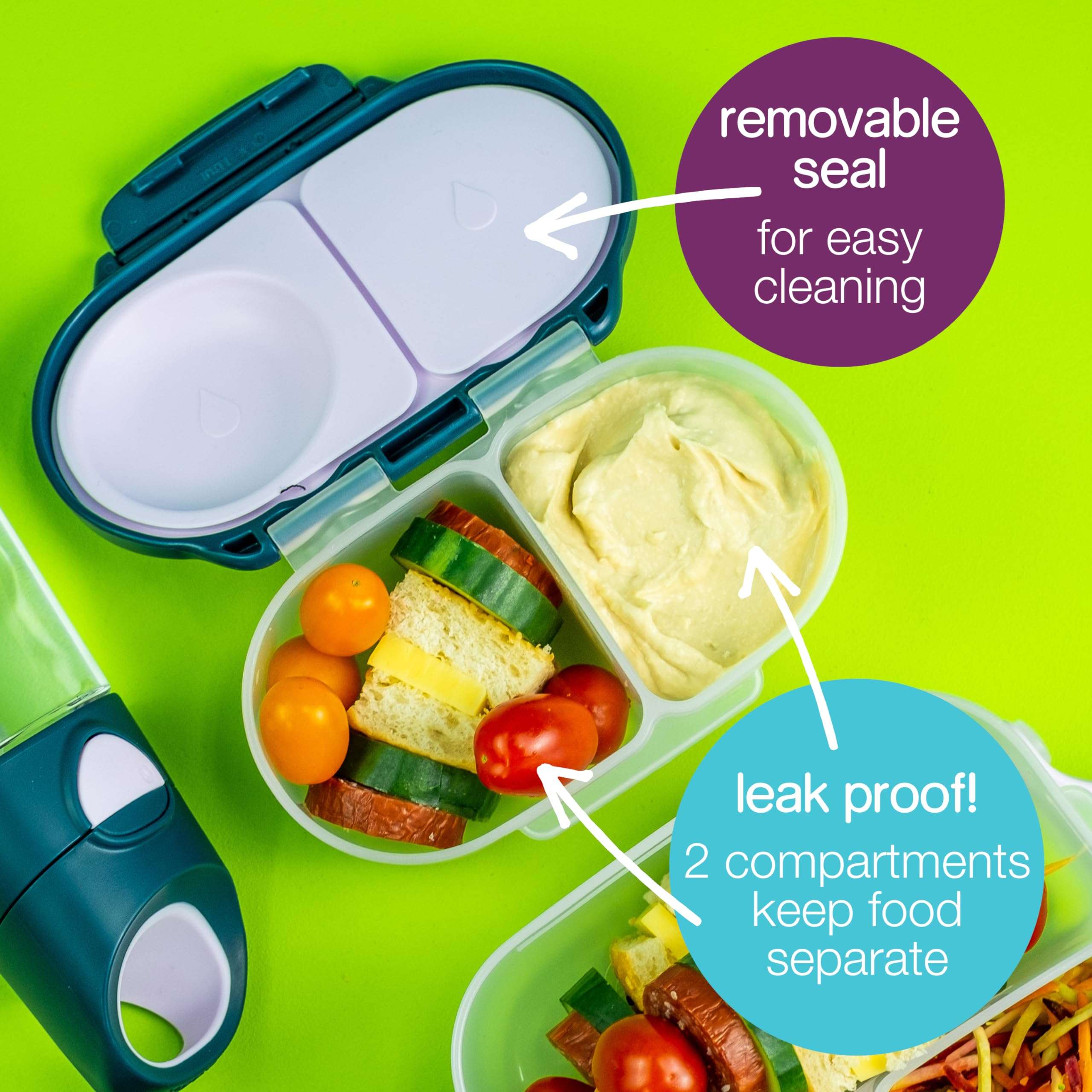 b.box Snack Box (2-pack) Reusable Snack Containers with Lids – Bento Box for Kids & Toddlers, Leakproof Lunch Box, BPA-Free and Dishwasher Safe Snack Container(O'Breeze + Blue Slate, 1 3/4 Cup) - Image 5