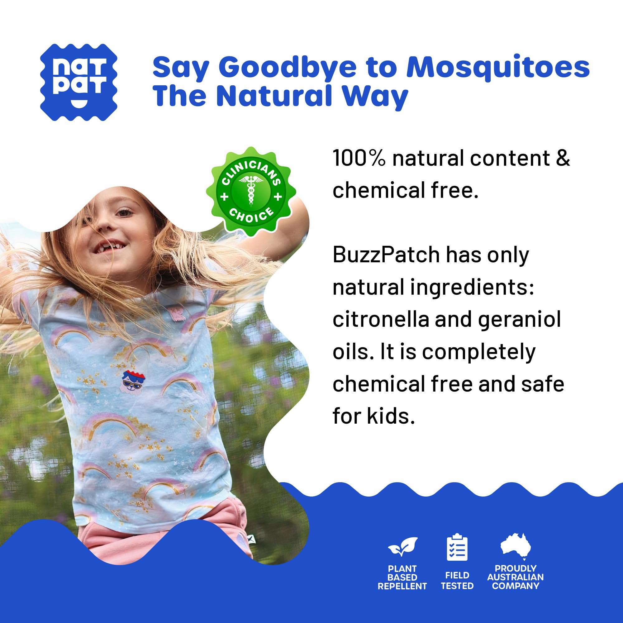 NATPAT Buzz Patch Mosquito Patch Stickers for Kids - Plant Based Ingredients, Non-Toxic - The Original All Natural Citronella Essential Oil Insect Patch, DEET Free, for Toddlers, Kids (60 Pack) - Image 6