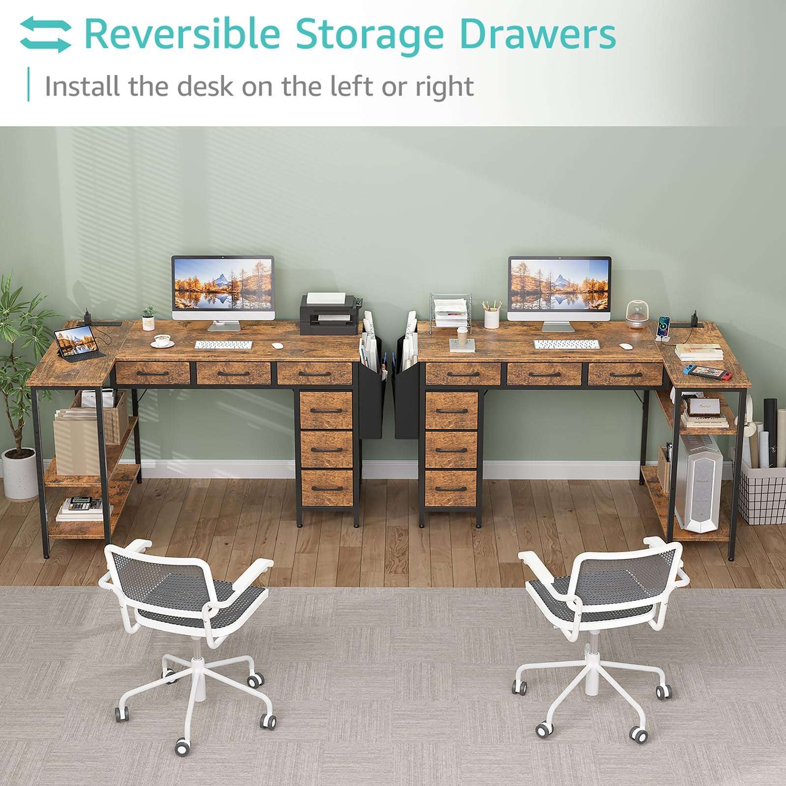 Lufeiya L Shaped Computer Desk with Drawers - 48 Inch Office Desk with Shelves Storage, Reversible Corner PC Desks with Power Outlet for Home Office, Bed Room, Writing Workstation, Brown - Image 4