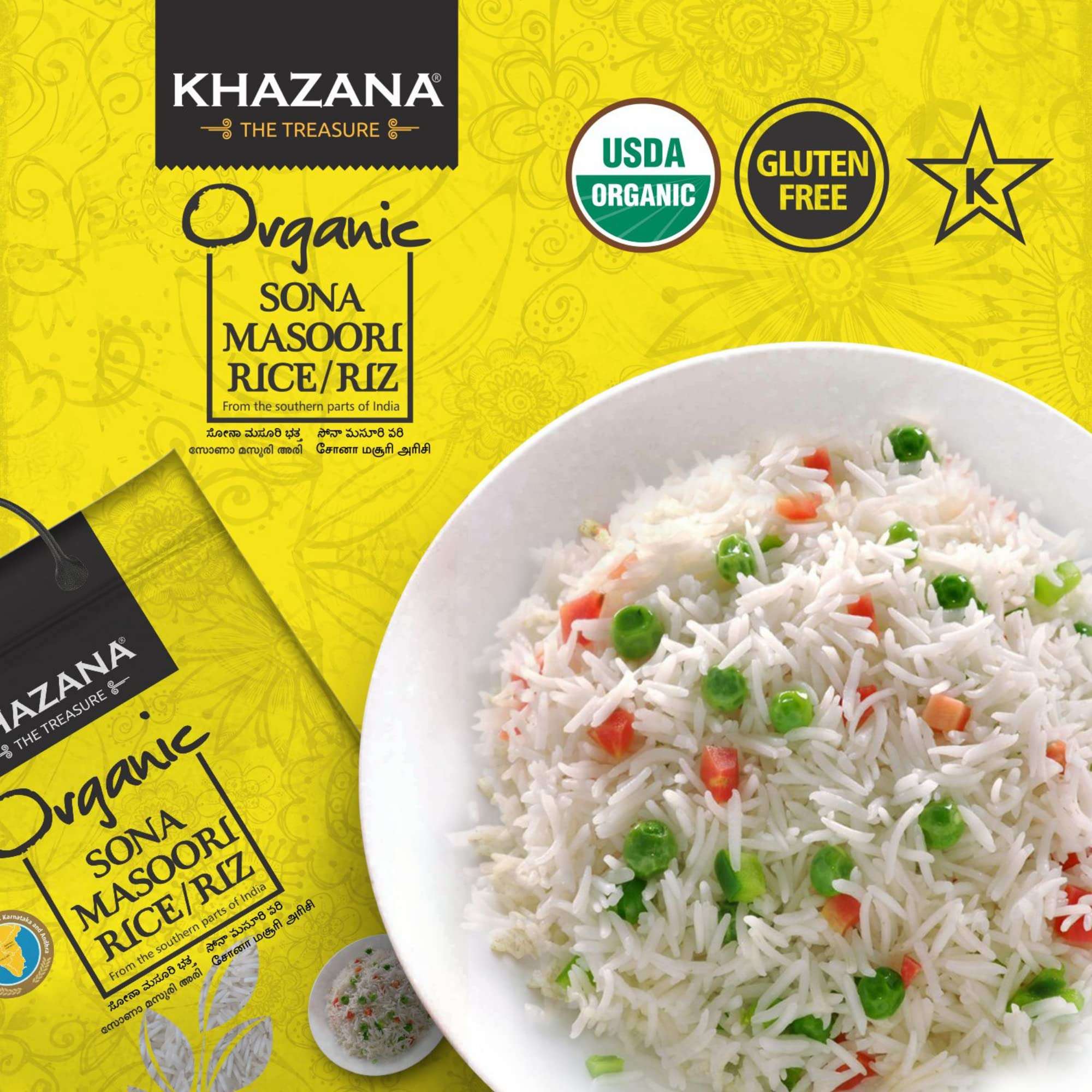 Organic Sona Masoori Rice by Khazana in 10 lb Bag - Aromatic and Flavorful Indian Grain - Non-GMO, Gluten Free, Kosher, Cholesterol Free - Image 4