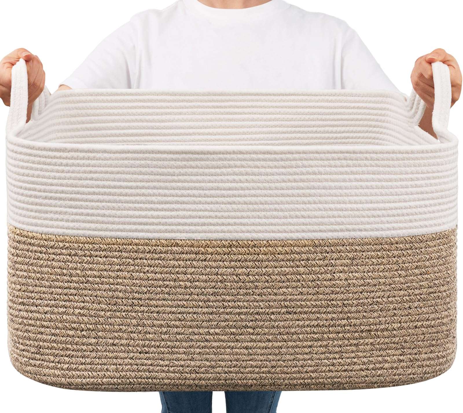 Goodpick Large Woven Blanket Basket, 21.6" x 14.9" x 11.8" Storage Baskets for Organizing, Rectangle Cotton Rope Toy Basket for Living Room, Bedroom, White & Brown - Image 1