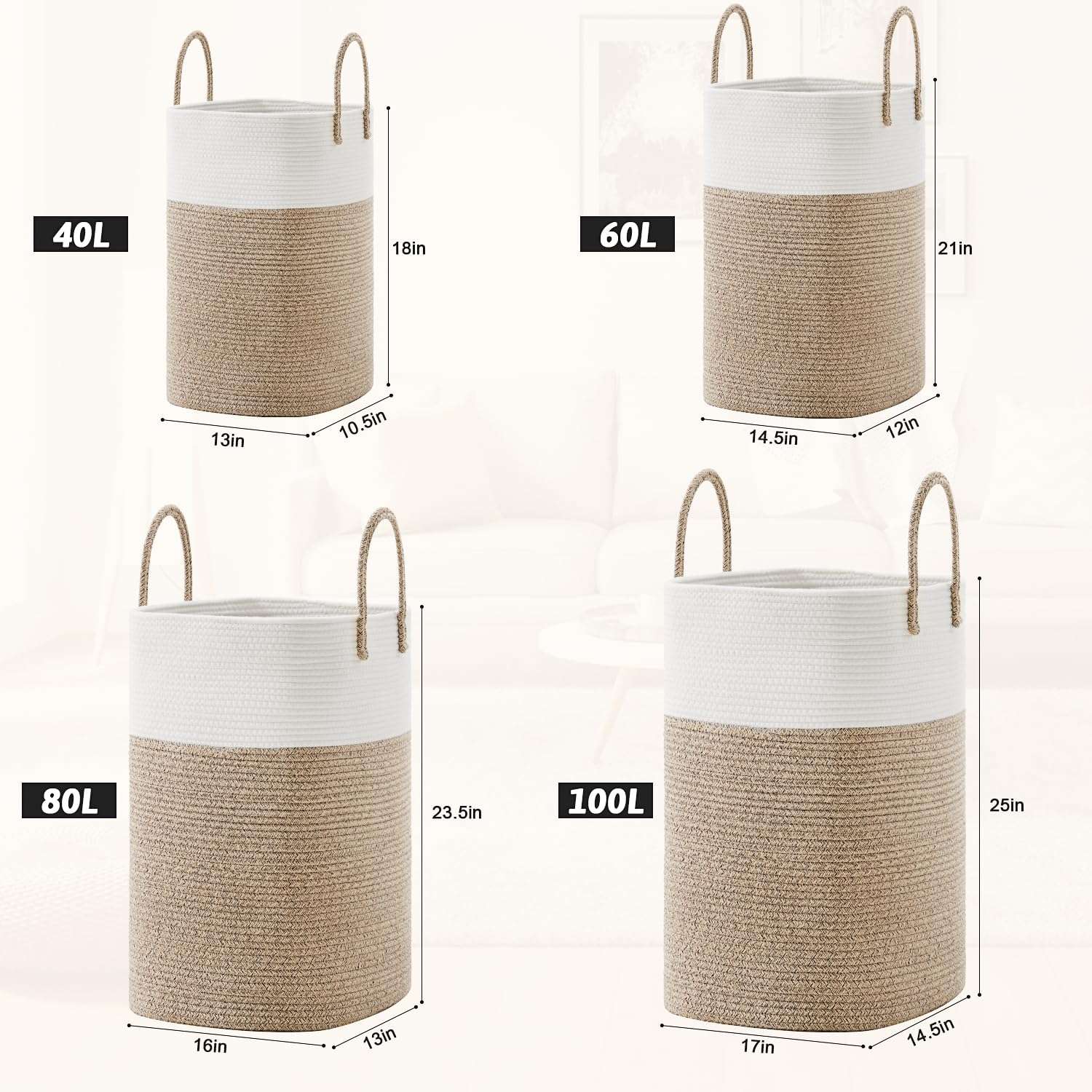 Laundry Basket,Woven Cotton Rope Laundry Hamper,Versatile Storage for Dirty Clothes,Baby Toys,and Blankets in Bathroom, Nursery,and Living Room (Brown, 60L) - Image 2