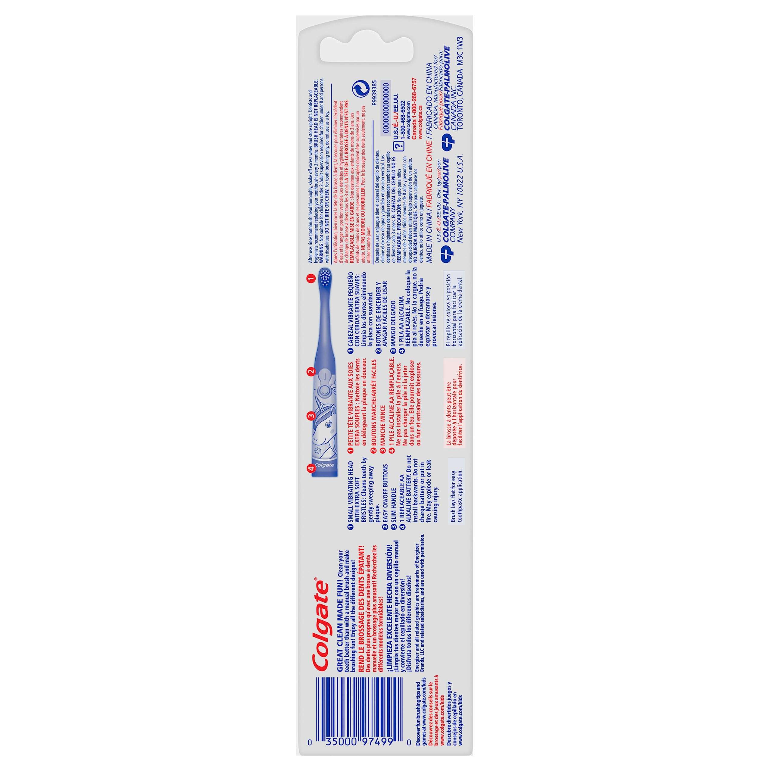 Colgate Kids Battery Powered Toothbrush, Kids Battery Toothbrush with Included AA Battery, Extra Soft Bristles, Flat-Laying Handle to Prevent Rolling, Unicorn Toothbrush, 1 Pack - Image 8