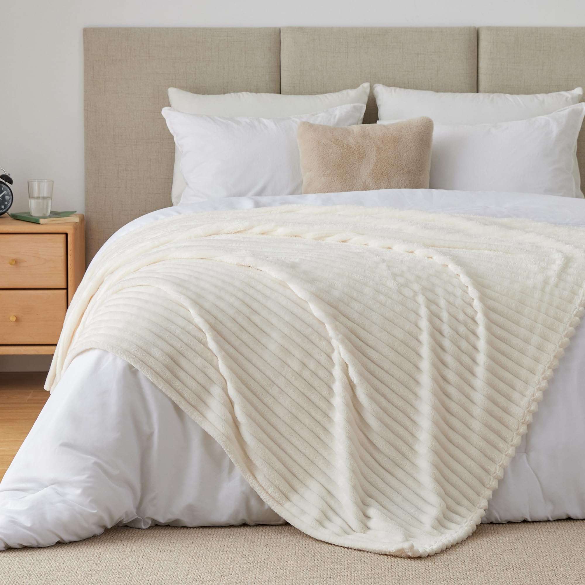 BEDELITE Fleece Throw Blanket for Couch - 300GSM Soft & Warm Fluffy Cream White Blanket, Decorative and Giftable Striped Blankets for Women, Men, 50"x60" - Image 8