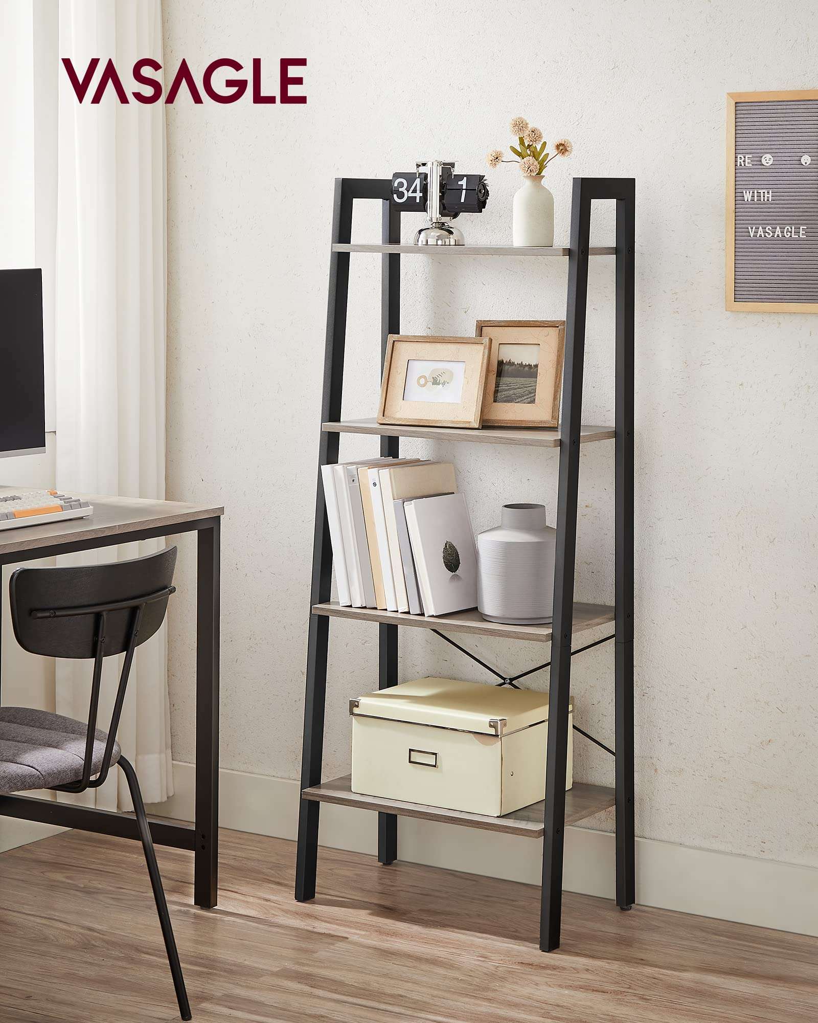 VASAGLE Ladder Shelf, 4-Tier Bookshelf, Storage Rack, Bookcase with Steel Frame, for Living Room, Home Office, Kitchen, Bedroom, Industrial Style, Heather Greige and Ink Black ULLS44MB - Image 2