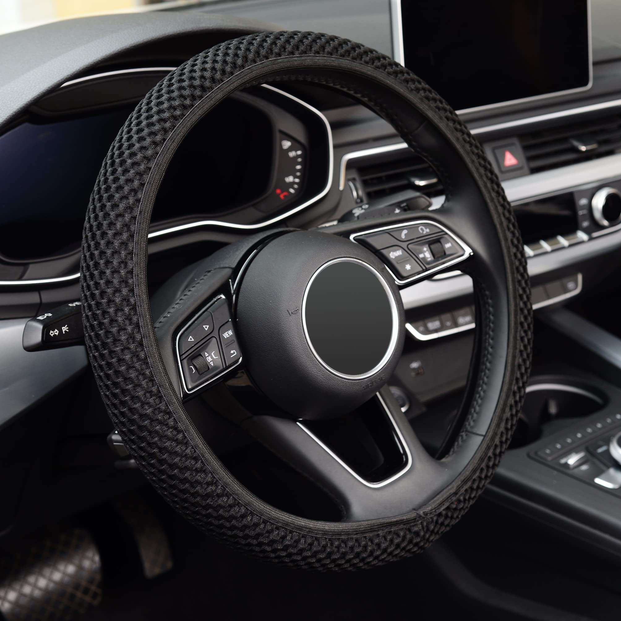 KAFEEK Elastic Stretch Steering Wheel Cover,Warm in Winter and Cool in Summer, Universal 15 inch, Microfiber Breathable Ice Silk, Anti-Slip, Odorless, Easy Carry,Black - Image 1