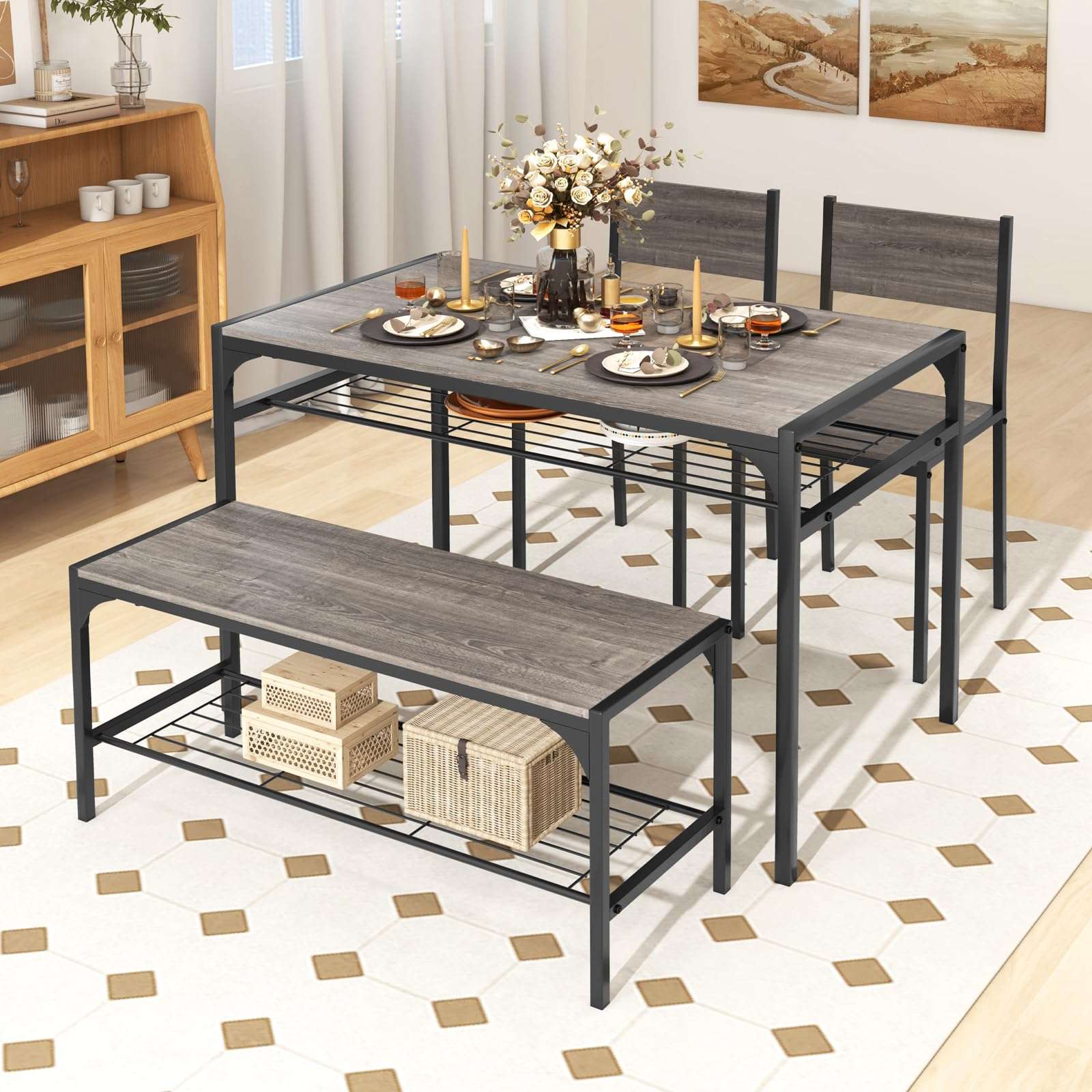 COSTWAY 4 Pieces Dining Table Set, Kitchen Table and 2 Chairs for 4 with Bench, Storage Racks, Metal Frame & Space-saving Design, Industrial Kitchen Table Set for Small Space, Apartment (Black & Grey) - Image 2