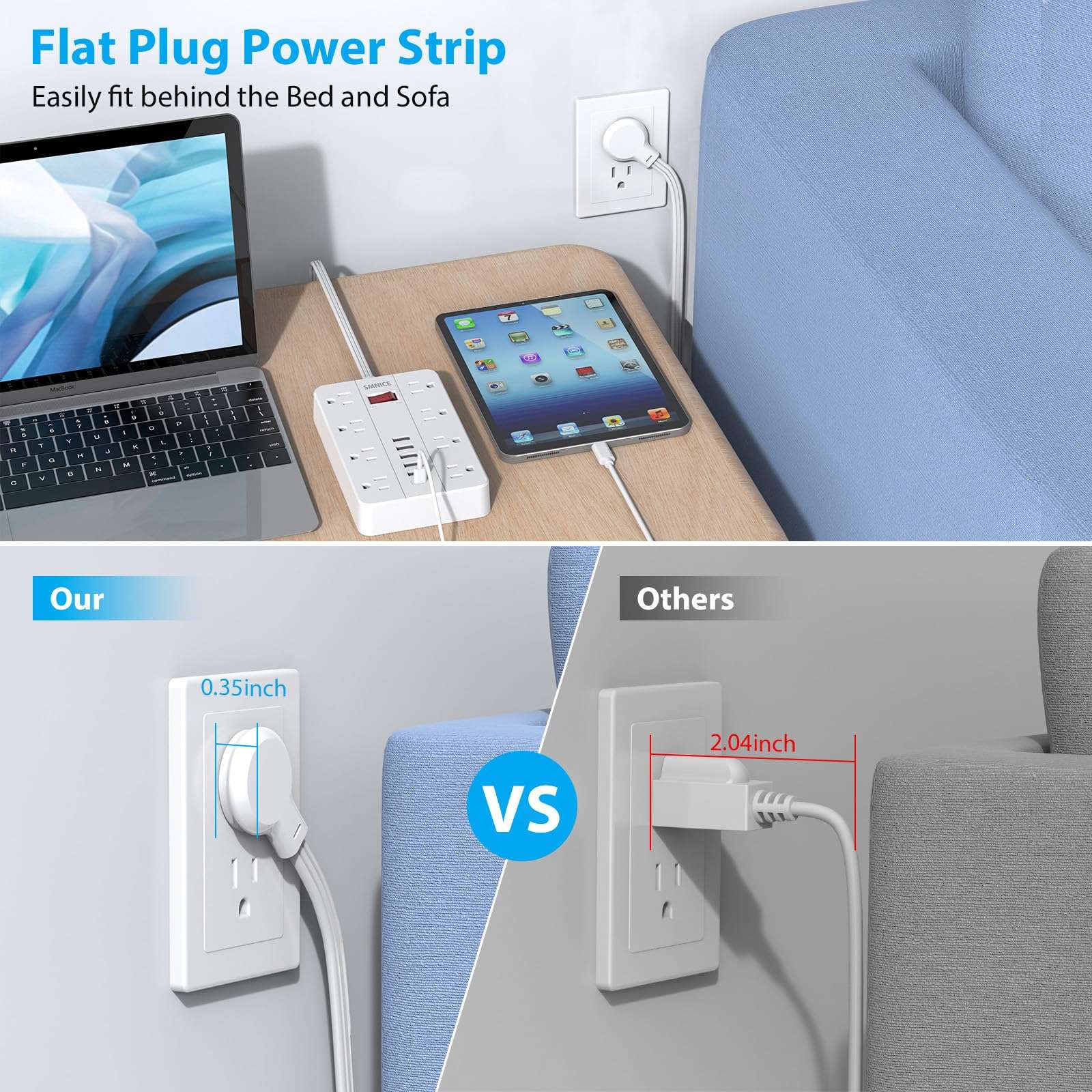 SMNICE Power Strip with USB,Surge Protector Flat Plug with 8 Widely Spaced Outlets and 6 USB Ports(1 USB C), 5ft Extension Cord Wall Mountable Phone Tablet Laptop Computer Multiple Devices - Image 2