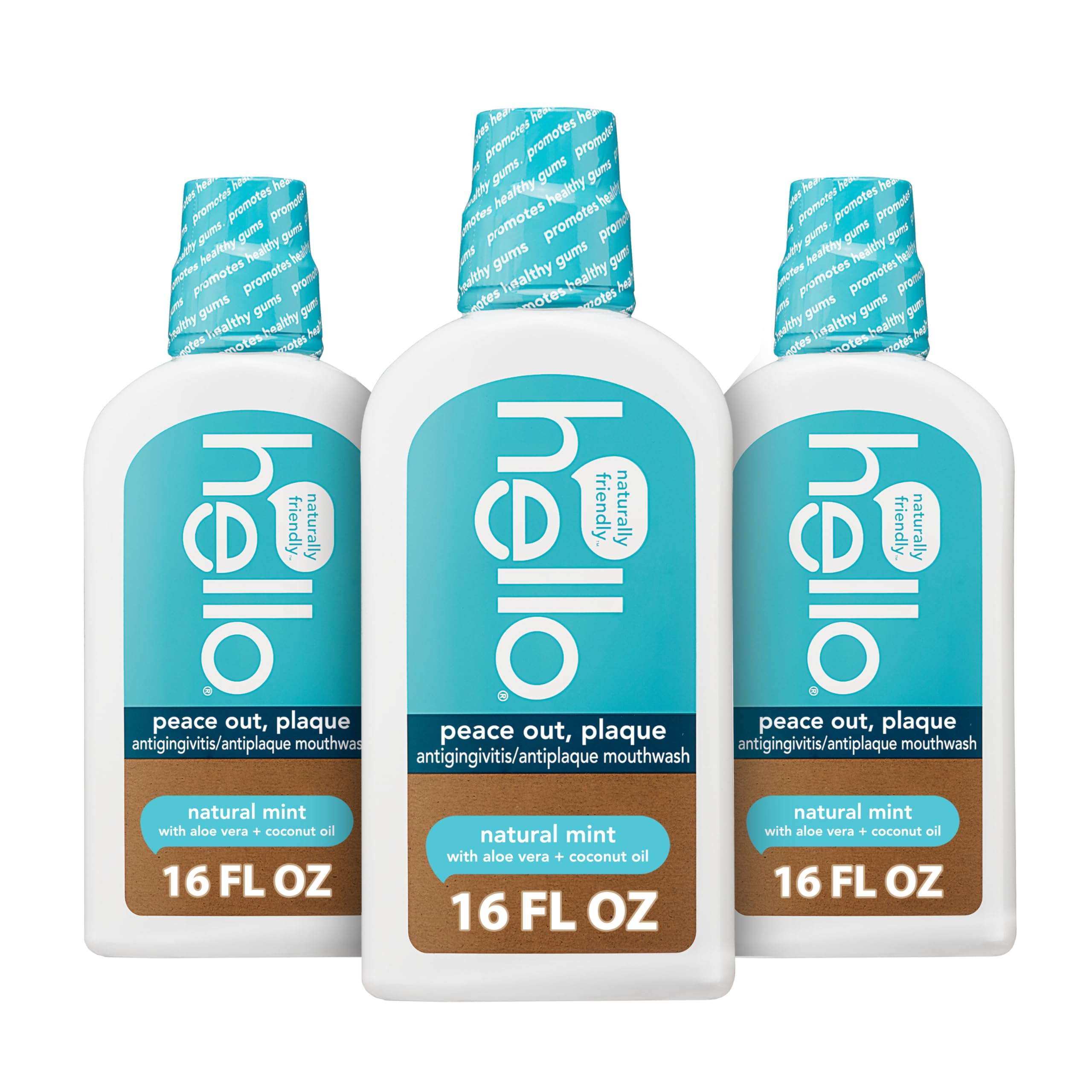 Hello Peace Out Plaque, Antigingivitis Alcohol Free Mouthwash, Natural Mint with Aloe Vera and Coconut Oil, Fluoride Free, Vegan, SLS Free and Gluten Free, 16 Ounce (Pack of 3) - Image 1