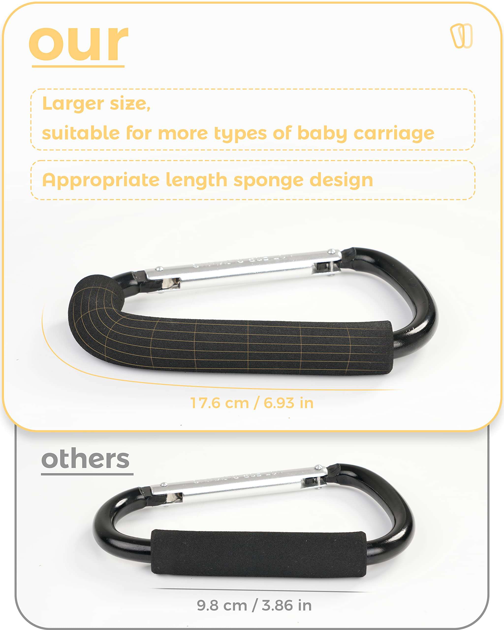 Stroller Hooks, 6.3" Large Stroller Clip, 2 Pack Stroller Hooks for Hanging Bags and Shopping, Stroller Accessories for Mommy, Large Carabiner - Image 3