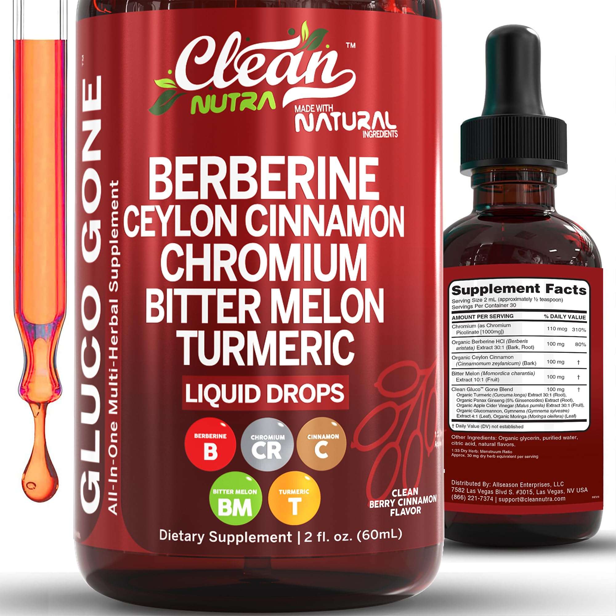 Clean Nutra Berberine with Ceylon Cinnamon Supplement Liquid Drops + Bitter Melon Extract, Glucomannan, Gymnema, Chromium, Turmeric, Organic Panax Ginseng, Moringa GLP-1 Support - Image 1
