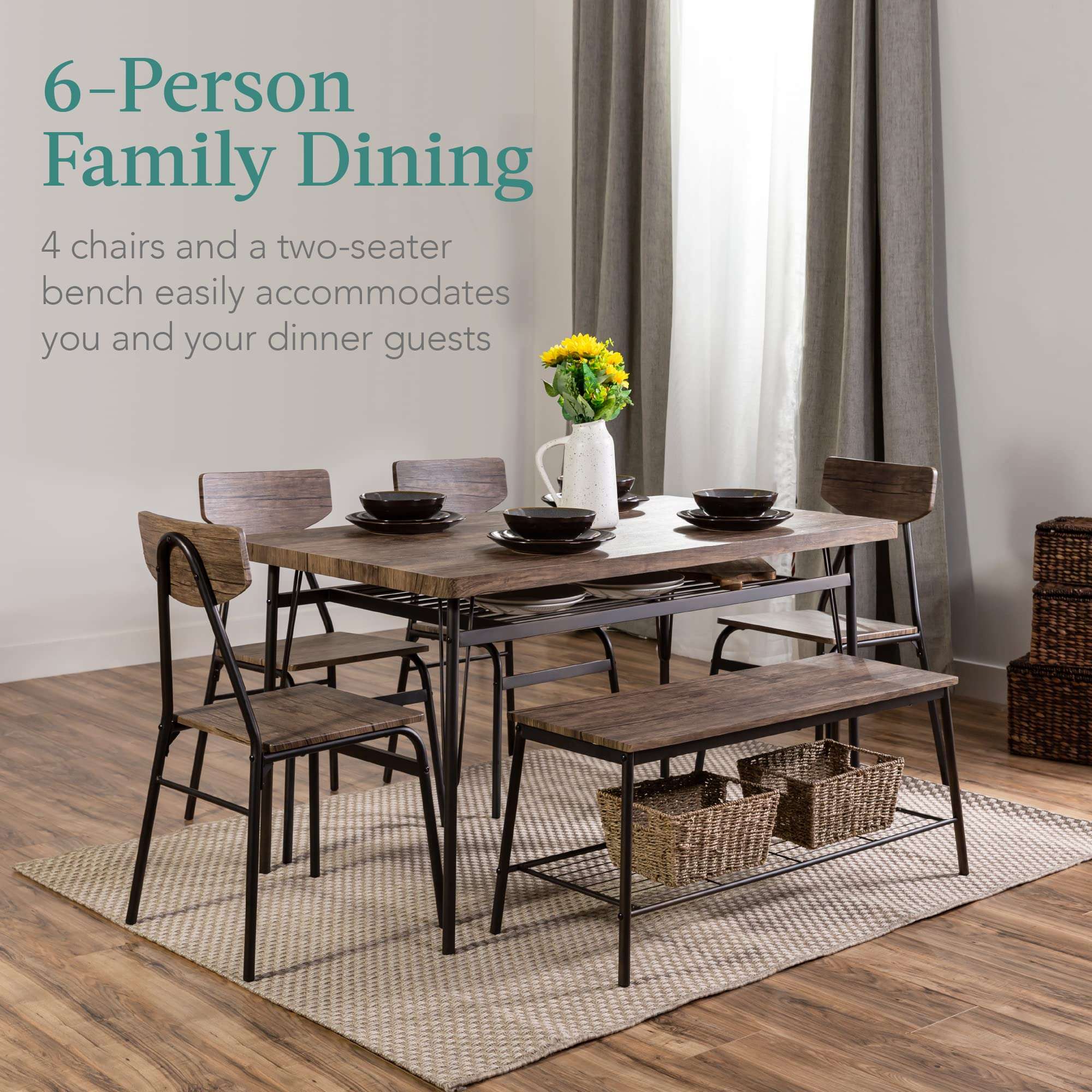 Best Choice Products 6-Piece 55in Modern Dining Set for Home, Kitchen, Dining Room w/Storage Racks, Rectangular Table, Bench, 4 Chairs, Steel Frame - Brown - Image 3