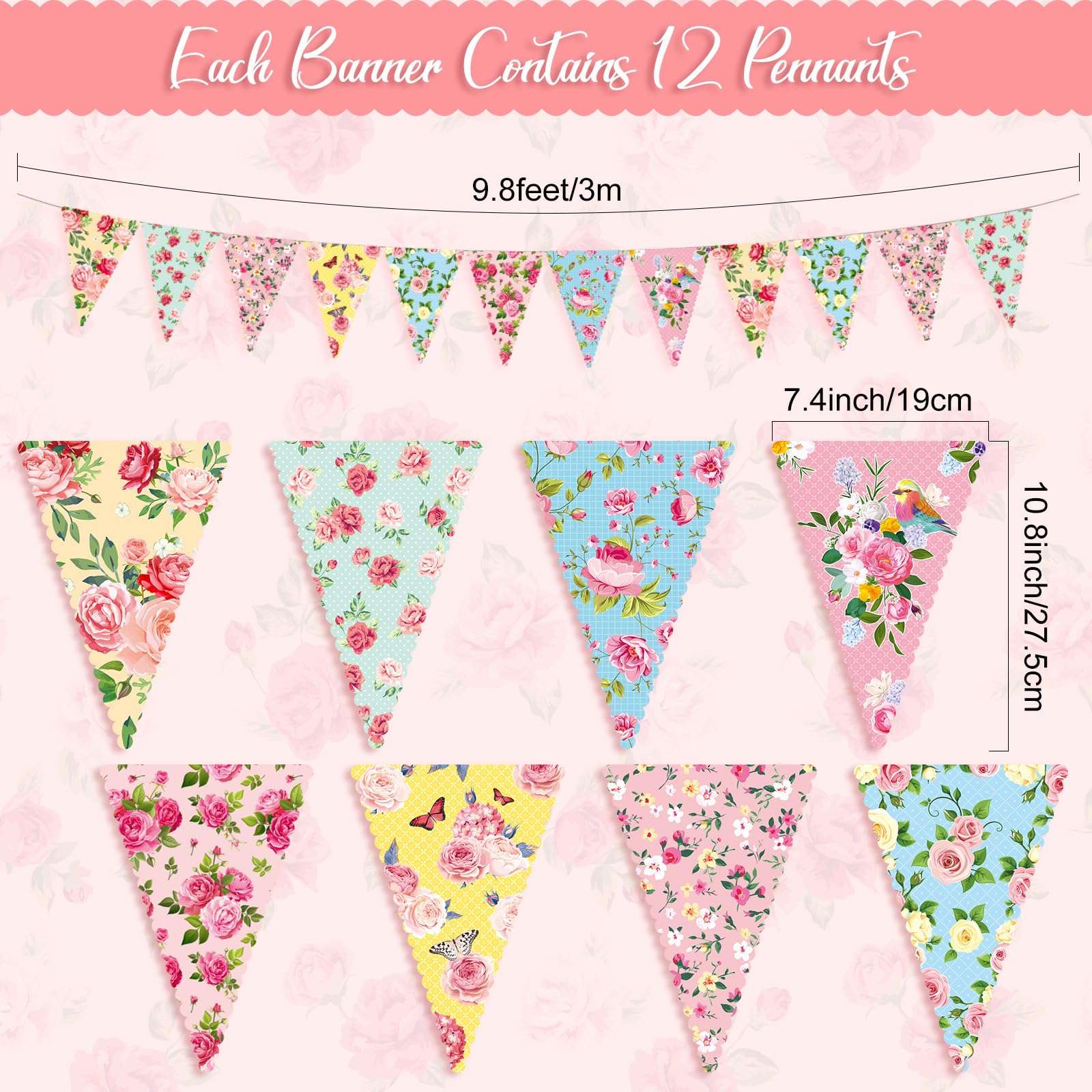 Faccito 49 Ft 60 Pcs Tea Floral Party Paper Bunting Decor Outdoor Bunting Banner Floral Pennant Wildflower Garland Tea Party Birthday Supplies for Wonderland Garden Baby Shower Bridal Wedding Bedroom - Image 3