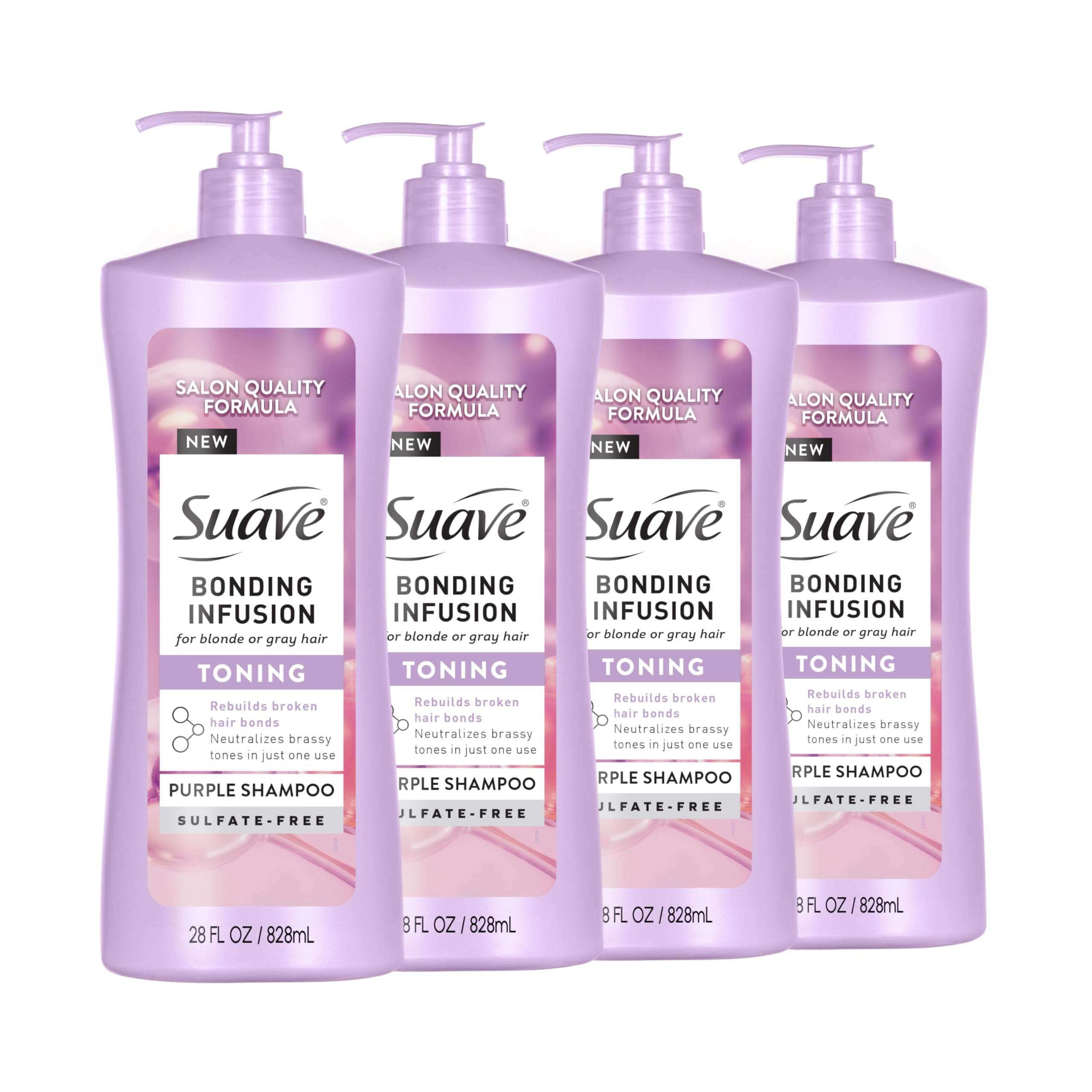 Suave 4 Pack Bonding Infusion Purple Toning Shampoo, 28oz Pump | for Neutralizing Brassy Tones in Blonde or Gray Hair | & Repairing Broken Hair Bonds - Image 1