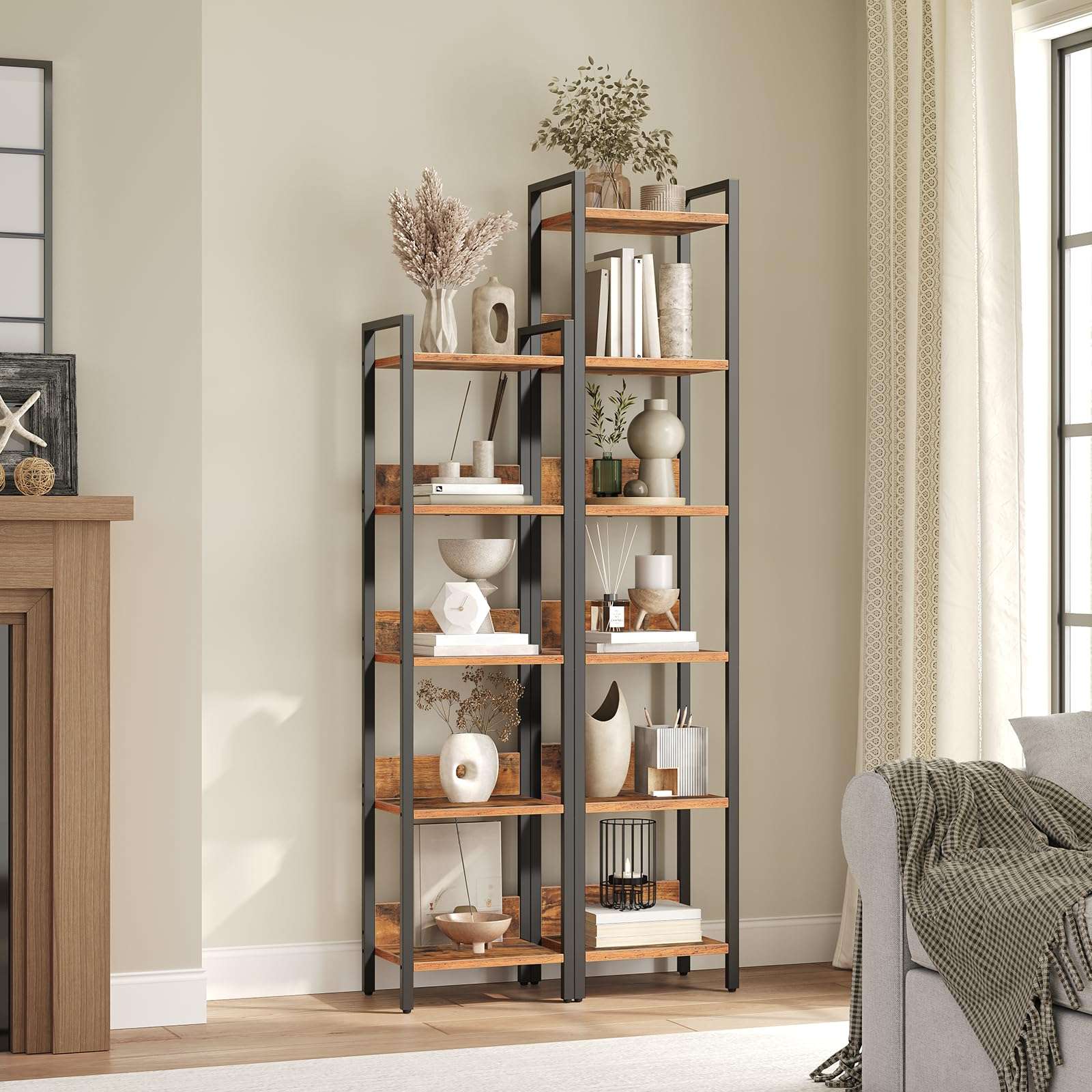 MAHANCRIS Bookshelf, 6-Tier Bookcase, Standing Book Shelf for Small Space, Storage Shelf Organizer, for Living Room, Bedroom, Study, Balcony, Rustic Brown and Black BKHR6601 - Image 8