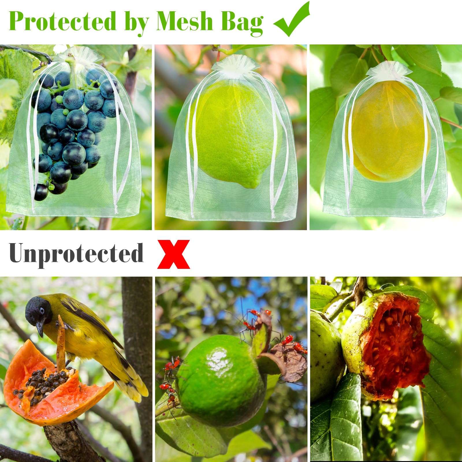Morcheiong 60pcs Reusable Netting Mesh Bags - 6" x 8", Garden Fruit Protection with Drawstring (White) - Image 5