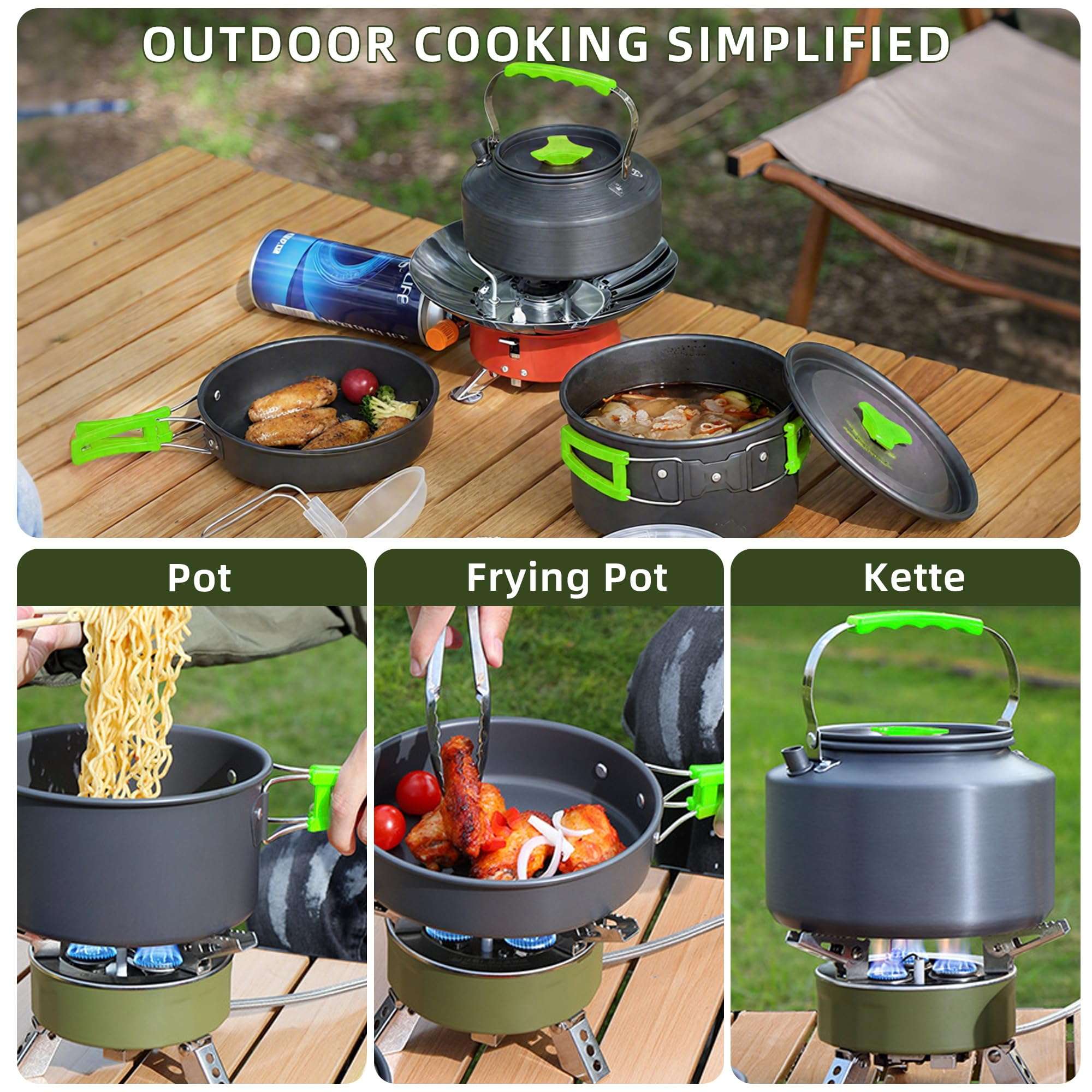 aiGear 3pcs Camping Cookware Mess Kit, Non-Stick Camping Pan Pot Kettle, Lightweight Aluminum, Collapsible Portable Camping Cooking Set for Outdoor Cooking Hiking Picnic - Image 2
