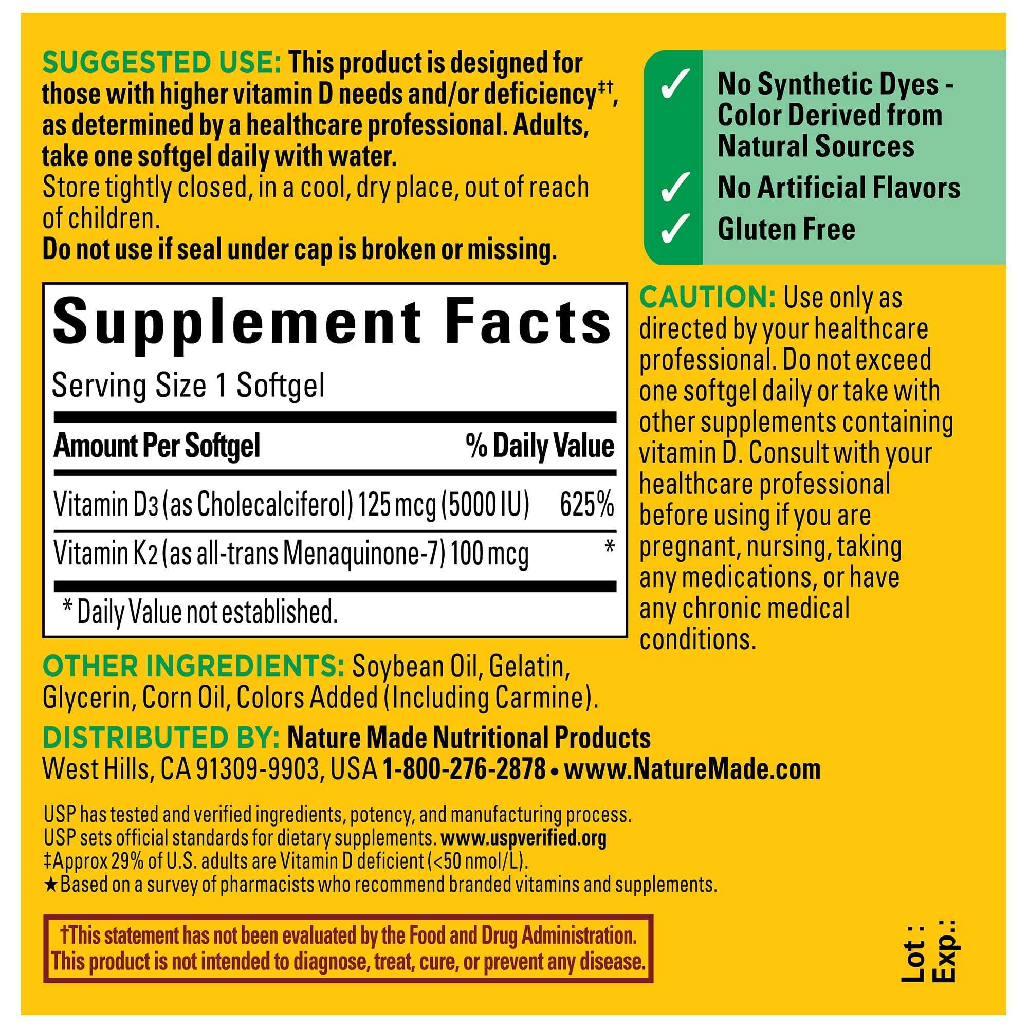 Nature Made Vitamin D3 K2 Supplement, 5000 IU (125 mcg) Vitamin D for Bone, Teeth, Muscle and Immune Support, 30 D3 and K2 Softgels, 30 Day Supply - Image 5