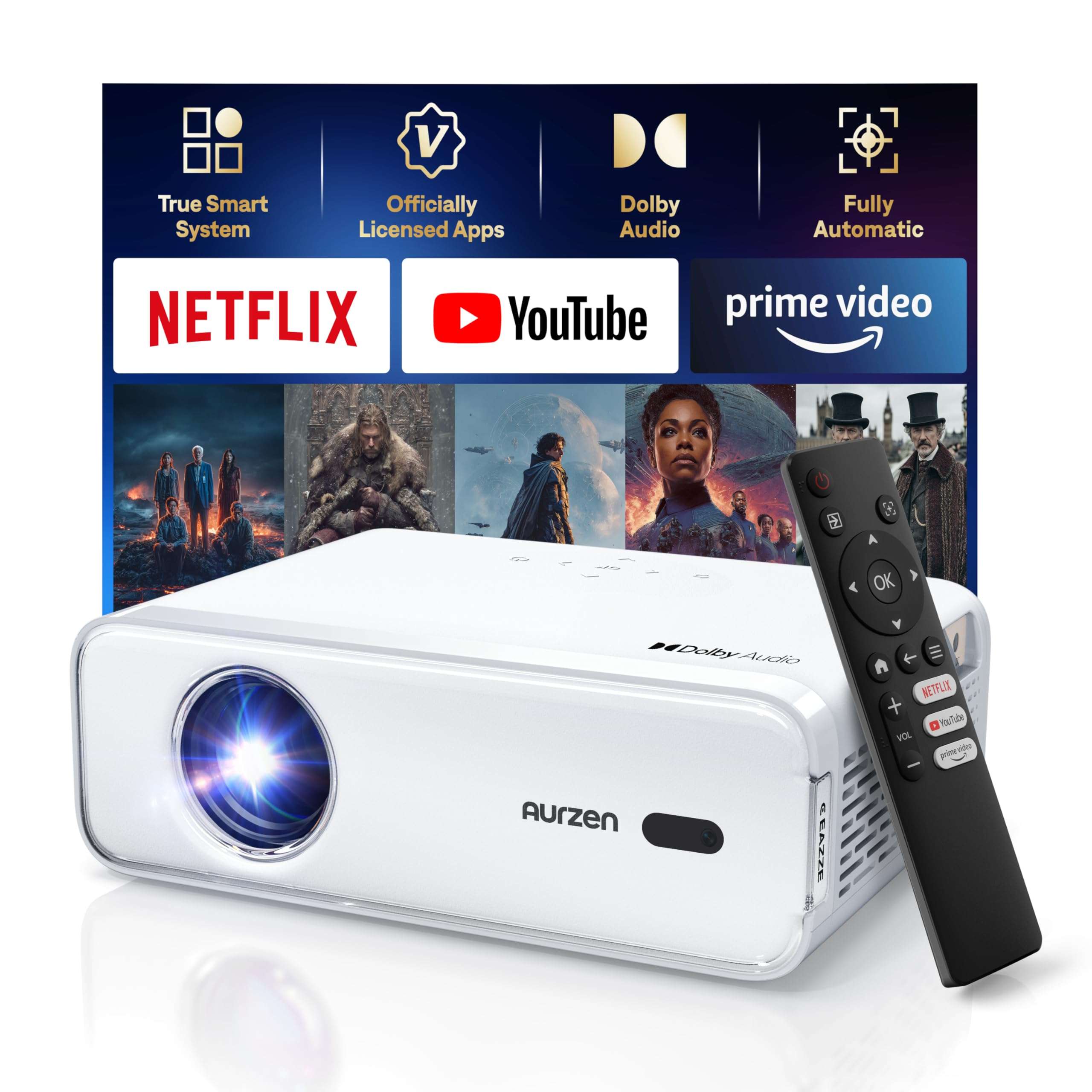 Aurzen EAZZE D1 Smart Projector with WiFi and Bluetooth, Netflix-Officially-Licensed, Auto Focus & Keystone, DoIby Audio, Zoom, Native 1080P Movie, Portable Outdoor Mini Projector, White - Image 1