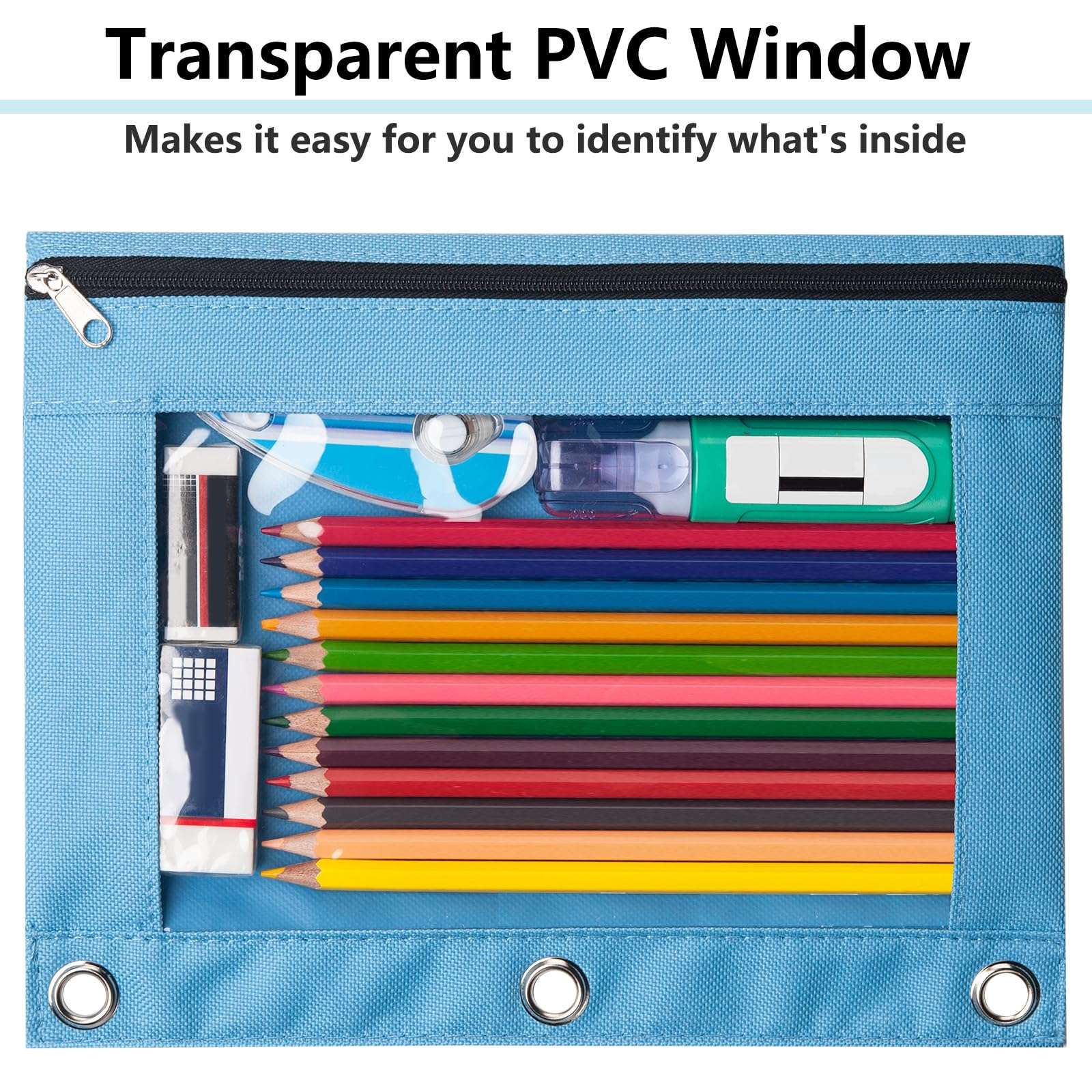 Forvencer 6Pack Pencil Pouches for 3 Ring Binder, Smooth Zipper 3 Ring Binder Pencil Pouch, Multi-Color Pencil Case for Binder, Clear Top Binder Pencil Pouch, Pencil Bag with 3 Re-enforced Grommets - Image 6