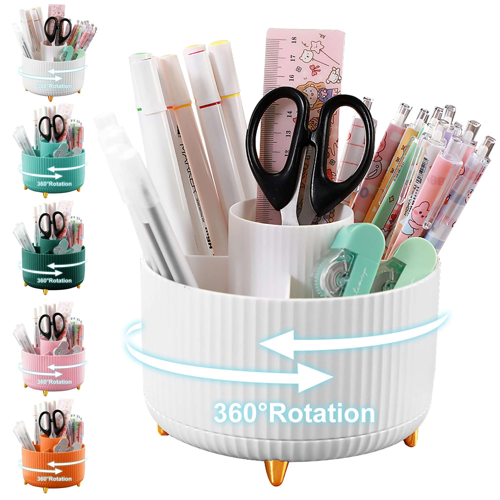 Cayxenful Pencil Holder For Desk,5 Slots 360°Degree Rotating Desk Organizers And Accessories,Desktop Storage Stationery Supplies Organizer, Cute Pencil Cup Pot For Office, School, Home (B-White) - Image 1