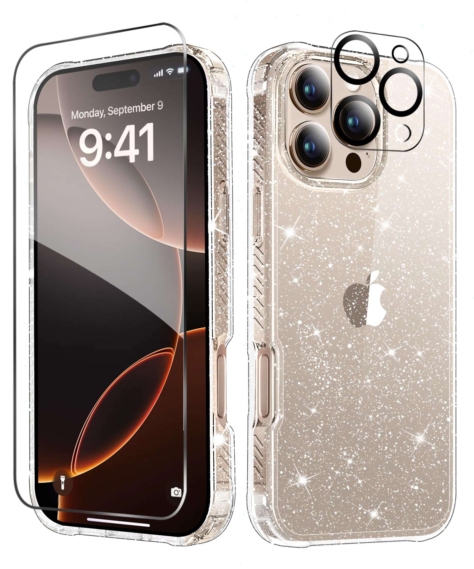 MIODIK iPhone 16 Pro Clear Glitter Case with Screen Protector | Camera Lens Protector | Shockproof Protective | Women Girl Cover | for iPhone 16Pro 6.3" | Sparkle Clear - Image 1